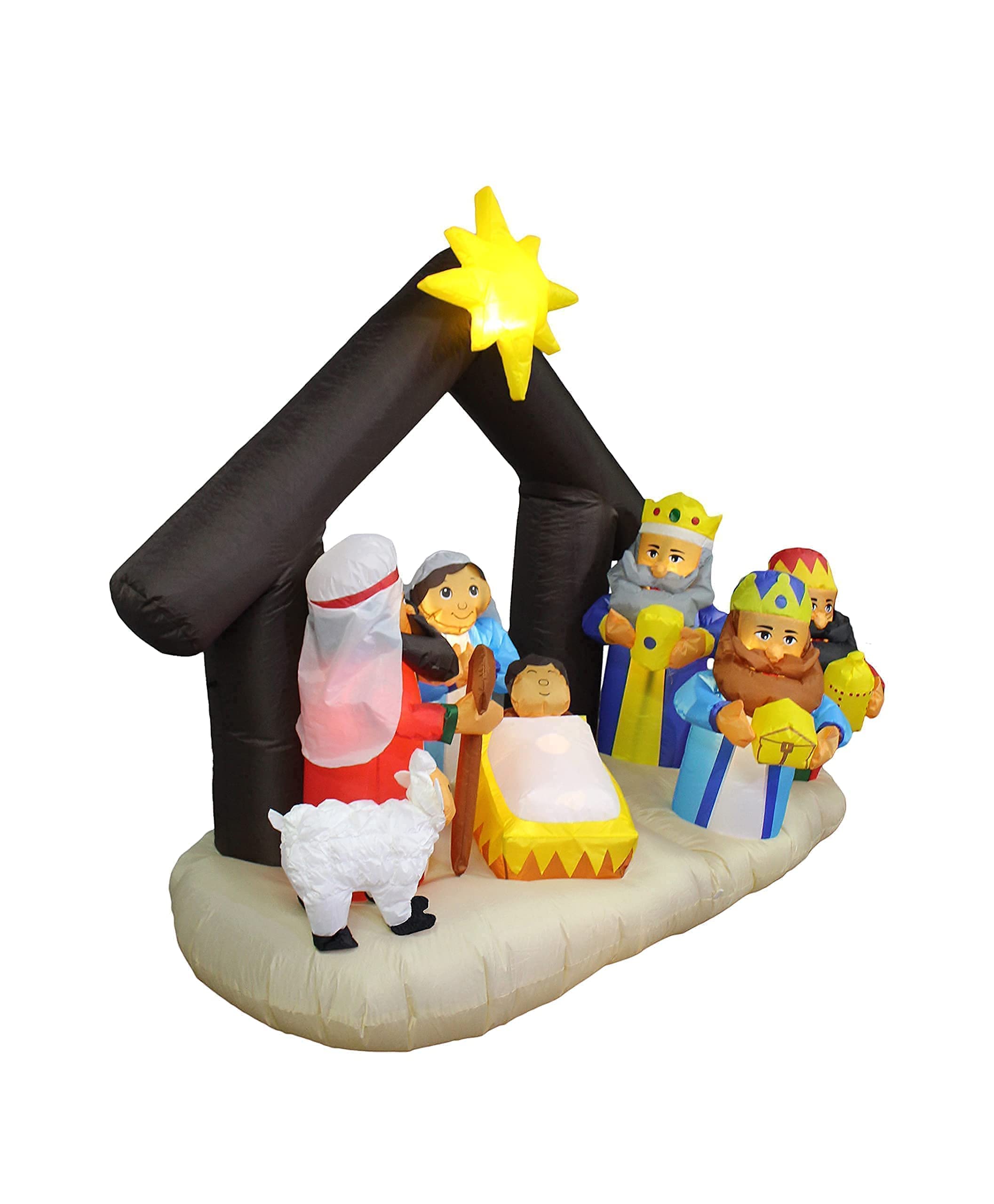 7ft Inflatable Santa Claus & Penguin Island with Palm Tree + 6ft Inflatable Nativity Scene with Three Kings & Lights - Christmas Party Decorations Bundle for Outdoor Yard, Holiday Festivities & Seasonal Celebrations