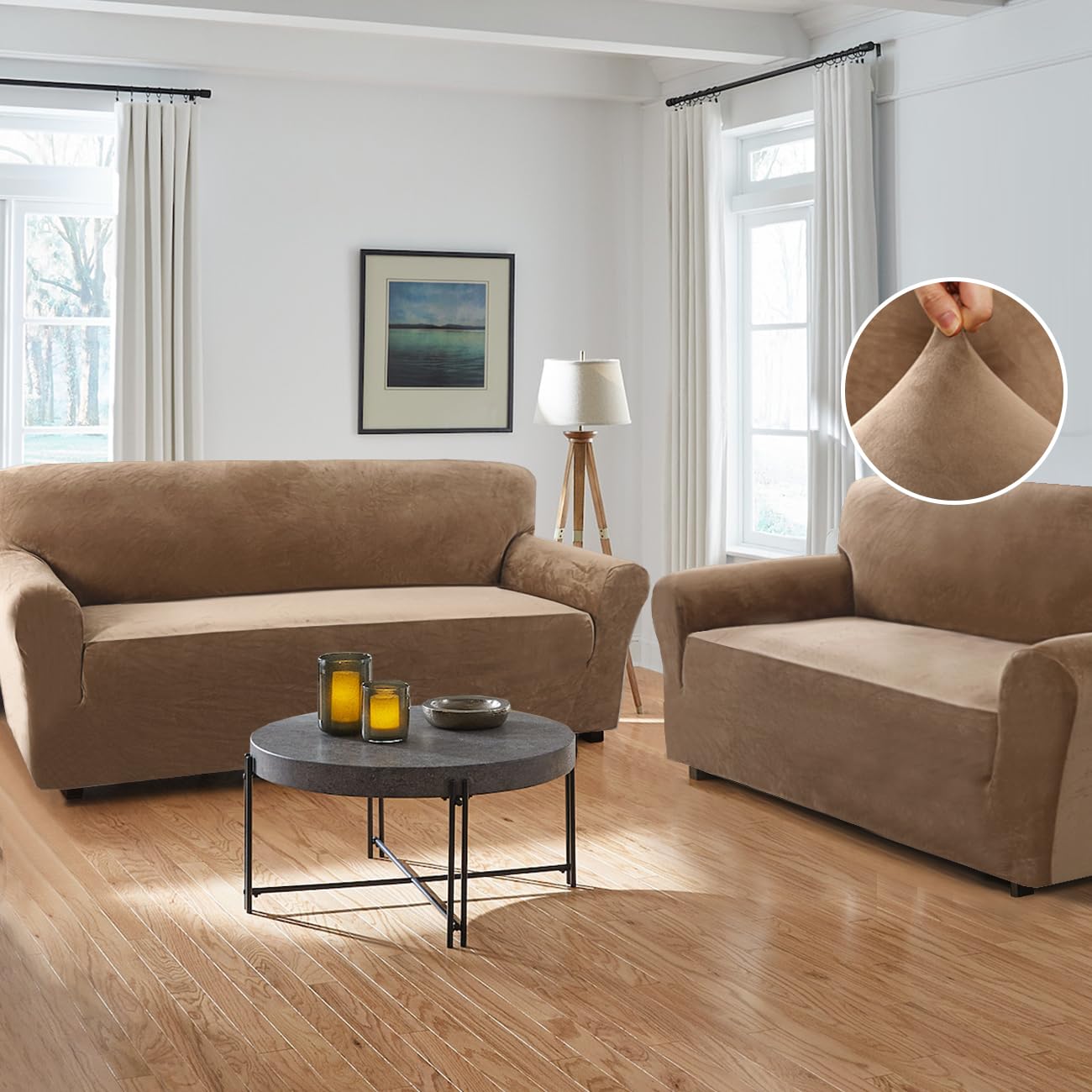 H.VERSAILTEX 2-Piece Stretch Velvet Sofa Cover Set - Soft Velour Slipcover for Couch & Loveseat, Camel Color - Perfect for Living Room, Home Decor & Pet Protection