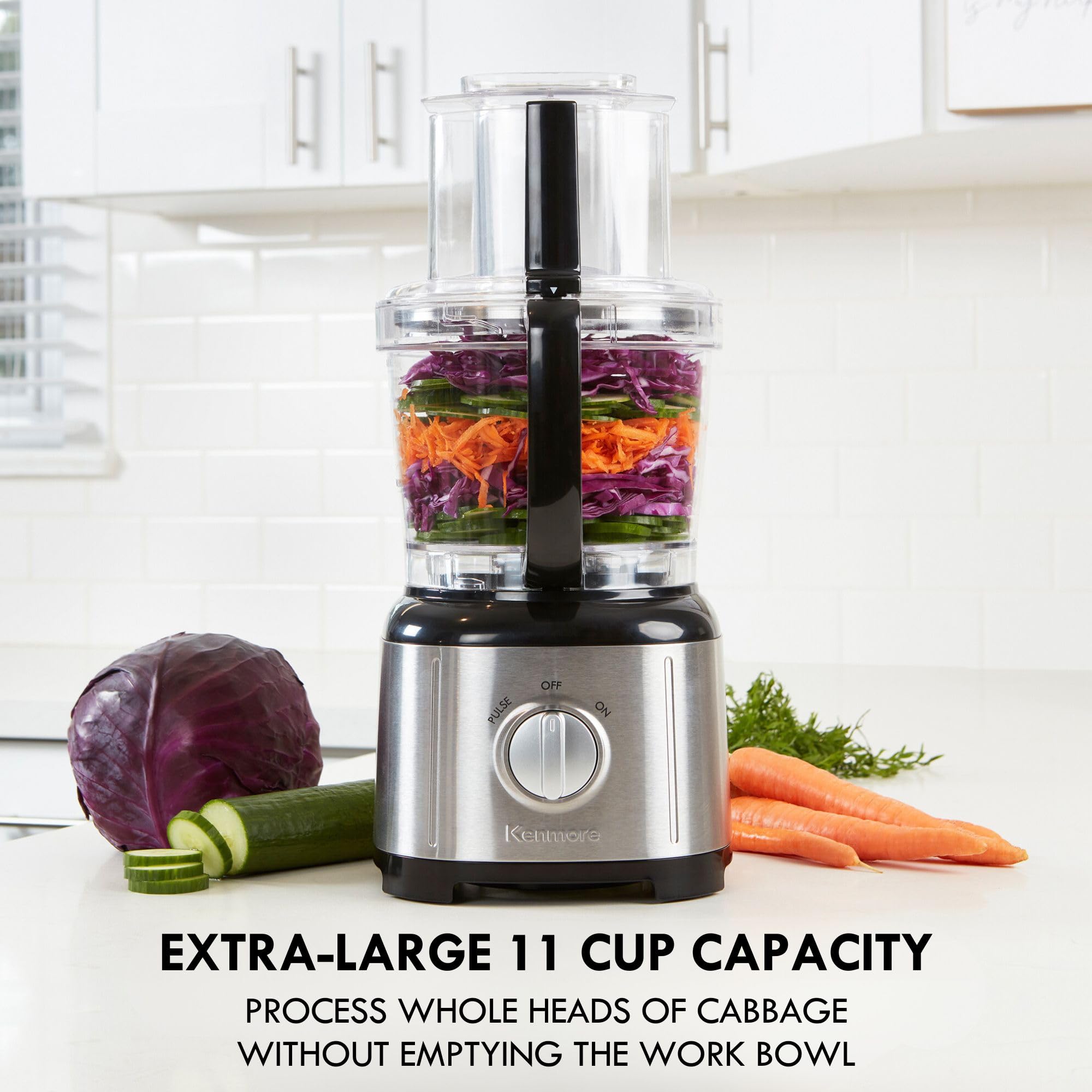 Kenmore 500W 11-Cup Food Processor with 7 Functions - Reversible Slicing, Shredding, Chopping, Mincing, Grating & Puree - Stainless Steel Black | Perfect for Meal Prep, Baking & Large Batch Cooking