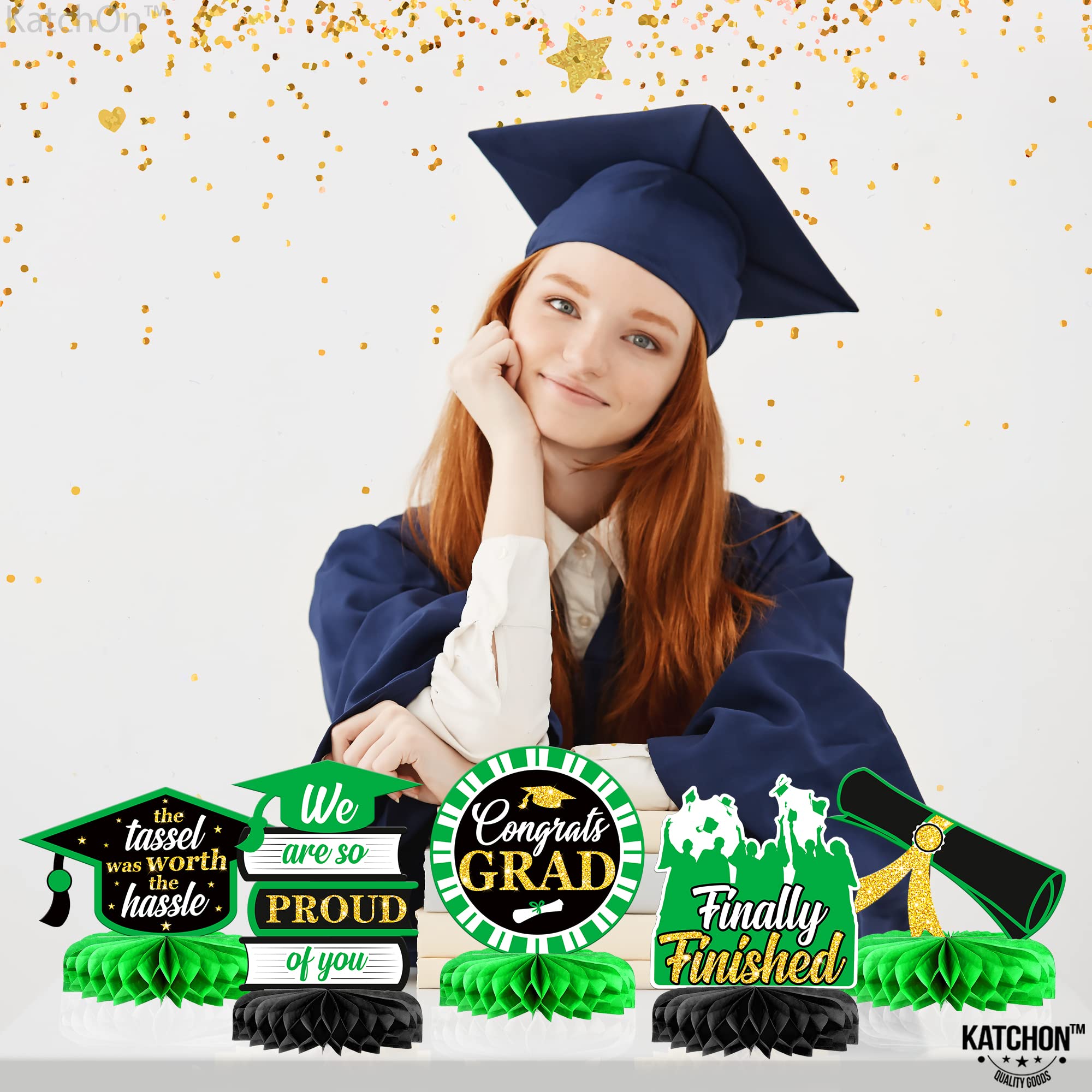 KatchOn Graduation Honeycomb Centerpieces - Pack of 9, Green & White Table Decor for 2025 Graduation Parties, Commencement Ceremonies & School Celebrations