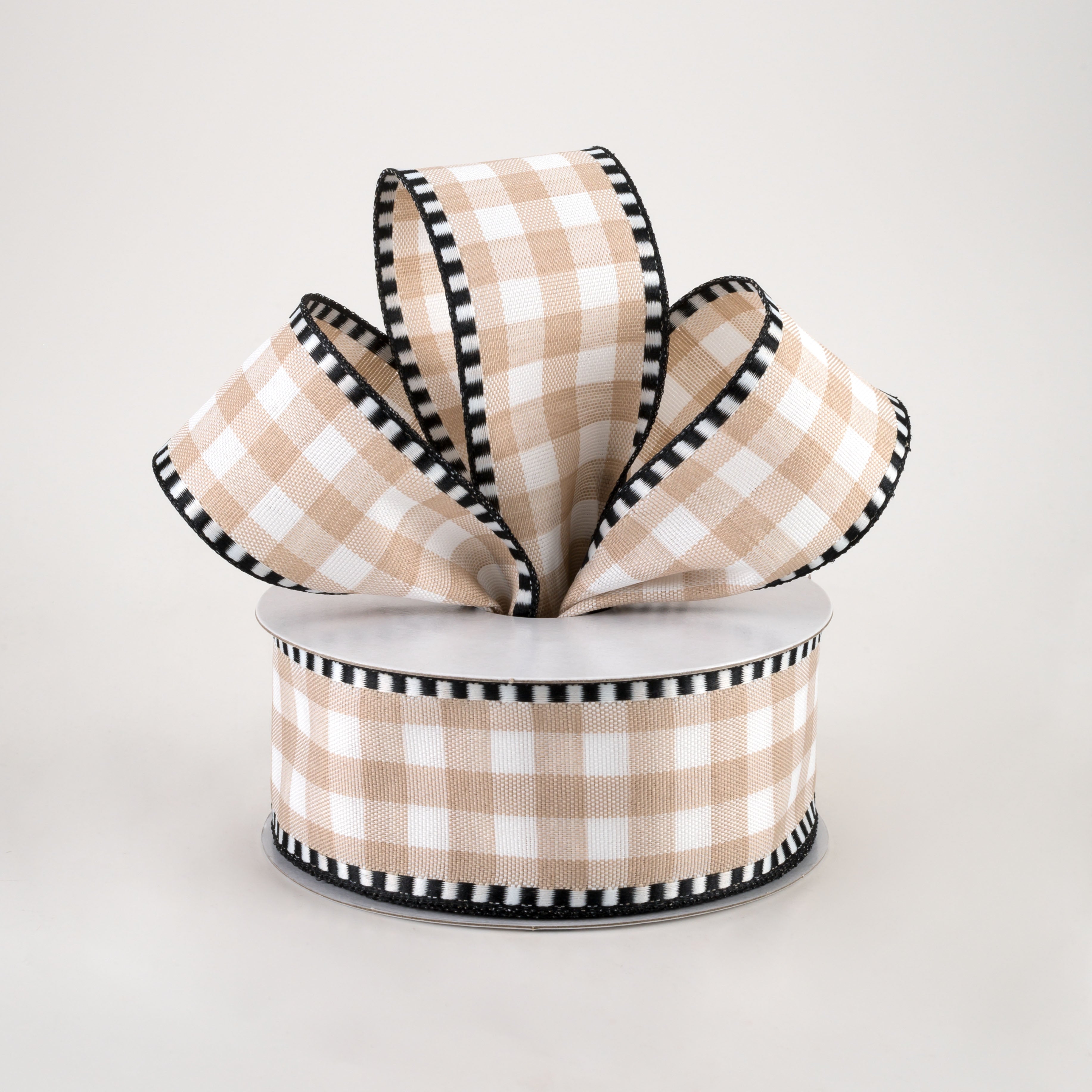 1.5 Inch Dashed Edge Check Plaid Ribbon - Natural & White Cotton Craft Ribbon (10 Yards) for Gift Wrapping, DIY Scrapbooking, and Home Decor