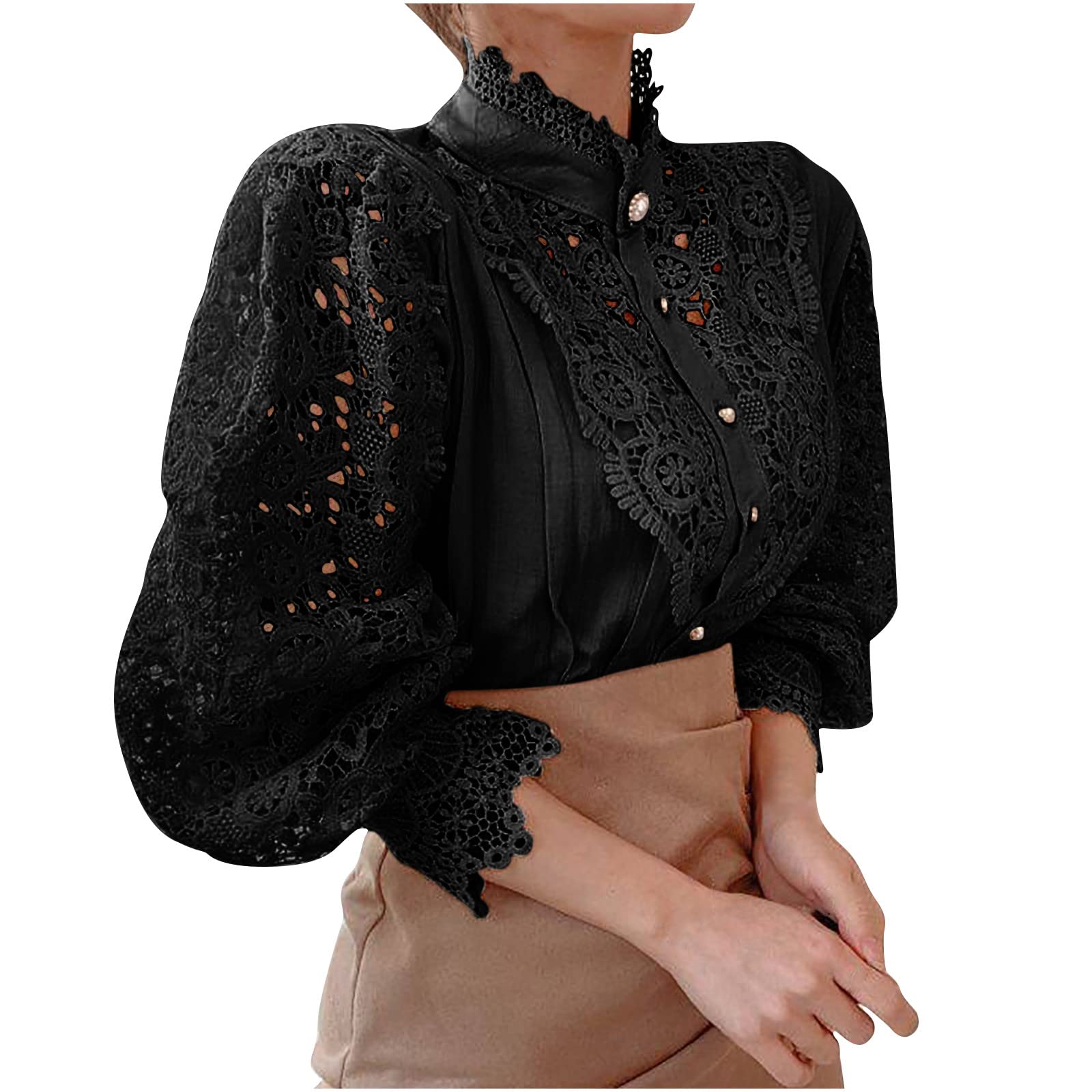 Elegant Women's Lace Turtleneck Top - Victorian Style Blouse with Puff Sleeves & Button Down Design | Renaissance & Steampunk Fashion | Perfect for Cosplay, Themed Parties & Vintage Outfits