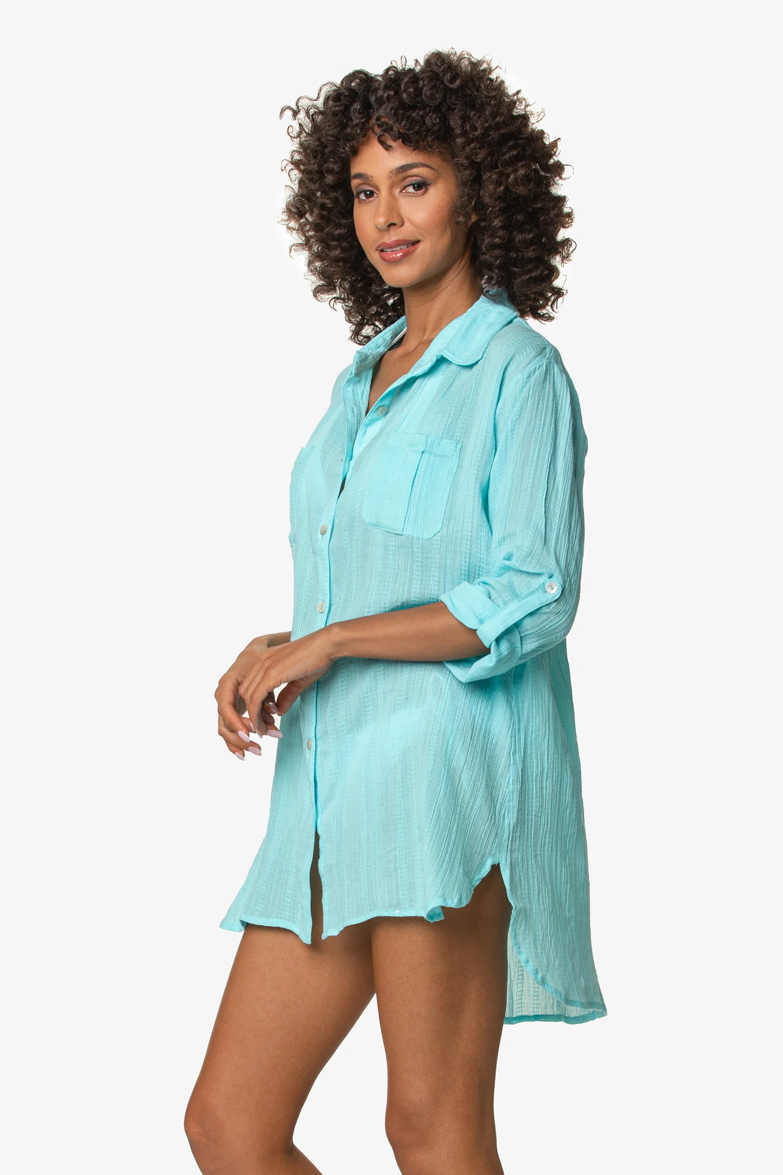 Relaxed Flowy Shirt Dress for Women in Aqua Blue - Casual Summer Beach Cover Up & Boho Style Outfit