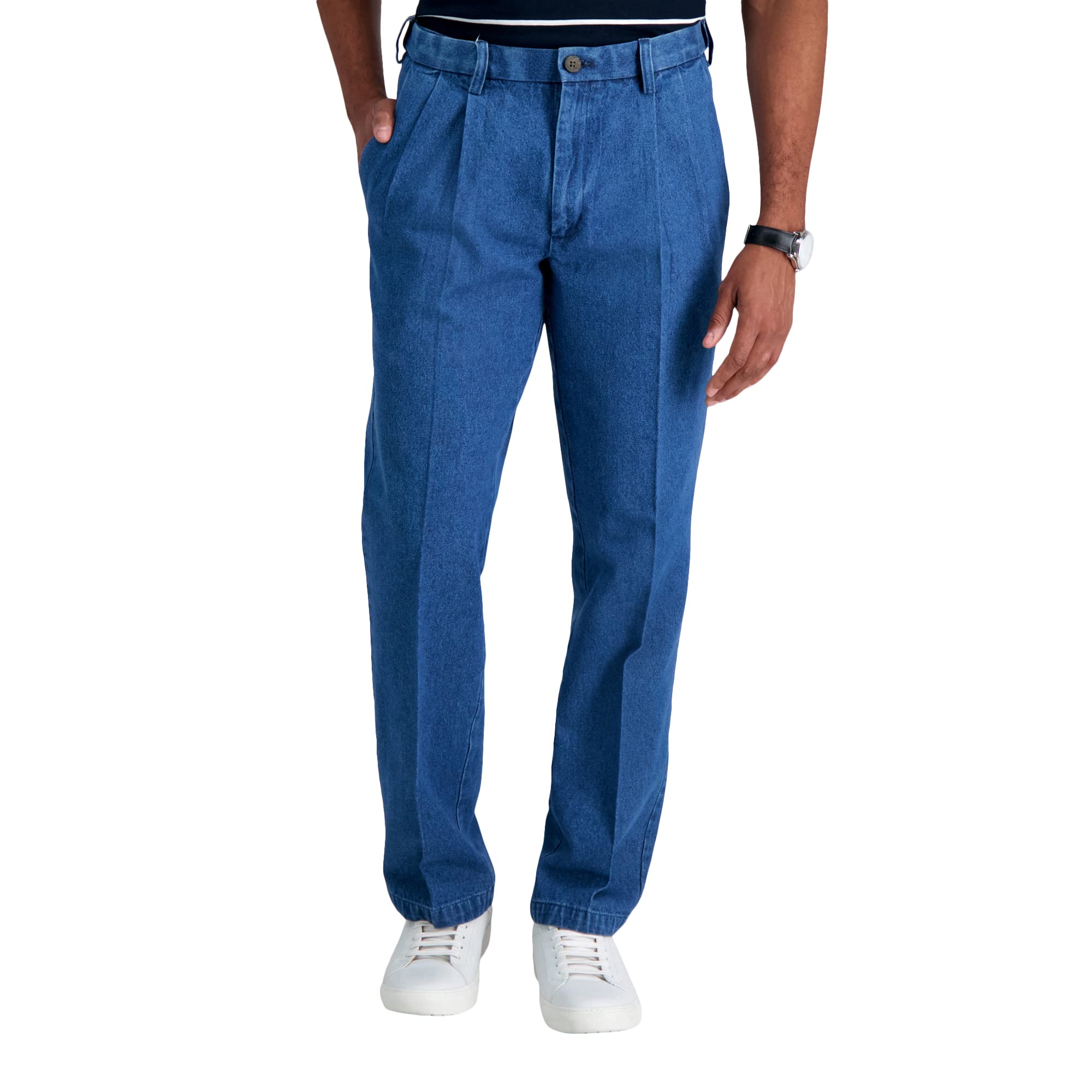 Haggar Men's Pleat & Flat Front Denim Jeans - Comfort Fit for Regular, Big & Tall Sizes | Casual & Office Wear