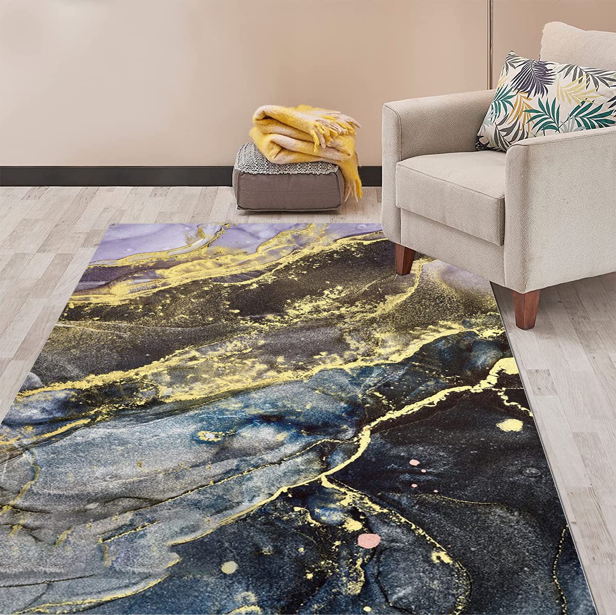 Black Gold Modern Abstract Area Rugs 7x10 - Rustic Marble Pattern Washable Carpet for Living Room, Bedroom, Dining Table & Home Office - Soft Thick Farmhouse Style Floor Rug & Kitchen Runner Mat - Perfect for Cozy Home Decor & High-Traffic Areas