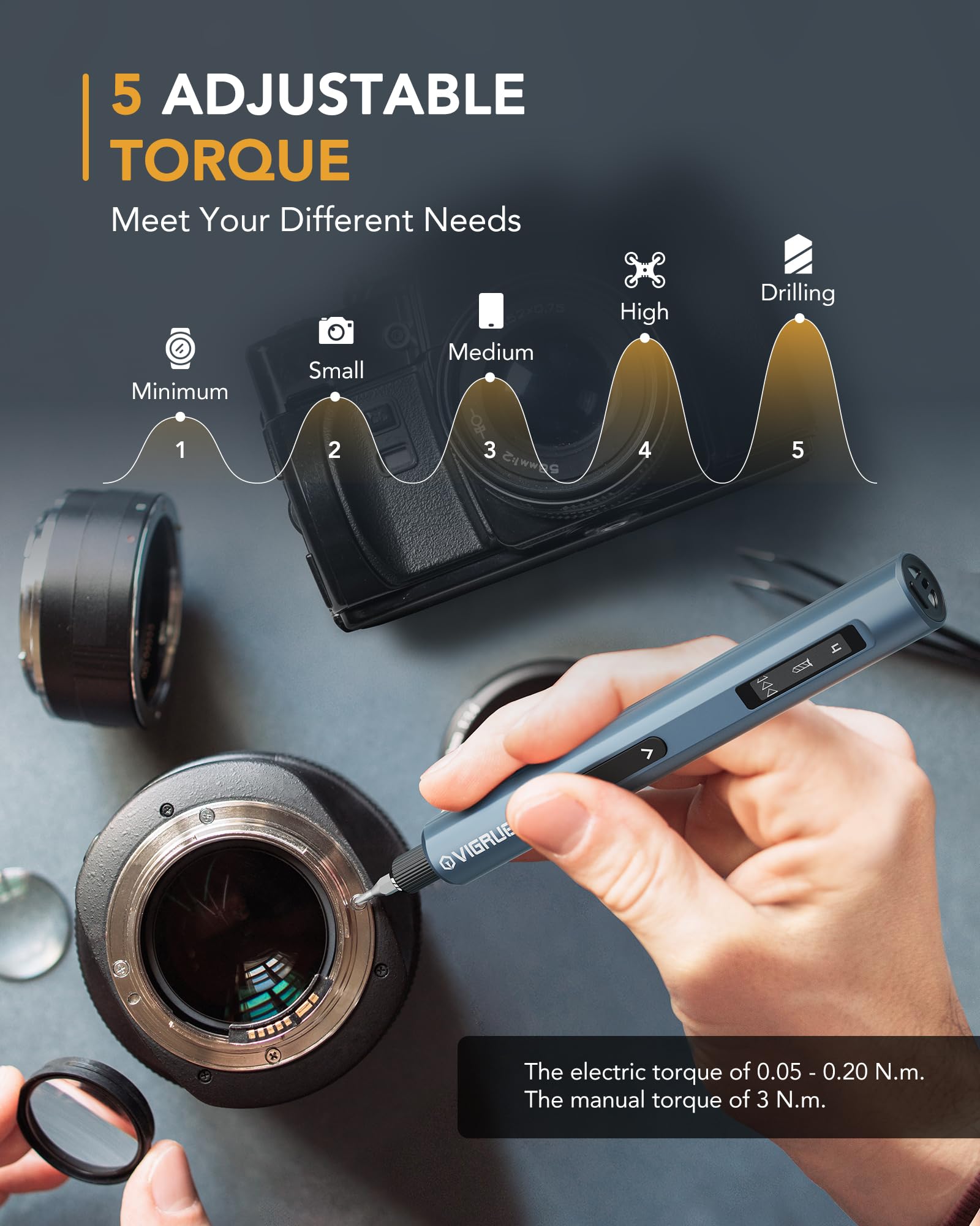 VIGRUE Mini Electric Screwdriver Set - 400RPM Cordless Precision Screwdriver with LED Light, 5 Adjustable Torque Settings & 48 Magnetic Bits - Perfect for Phone, Watch, Laptop, Jewelry Repair and DIY Projects | Compact Electric Drill Kit for Home, Office and Professional Use