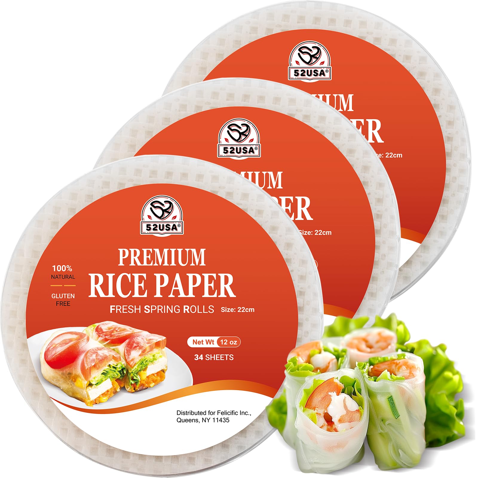 52USA Rice Paper Wrappers - 3 Pack (102 Sheets) | Gluten-Free, Vegan, Low Carb Spring Roll & Dumpling Wraps | 22cm Round Vietnamese Rice Paper for Fresh Rolls, Wontons & Asian Cuisine | Perfect for Home Cooking, Meal Prep & Healthy Snacks