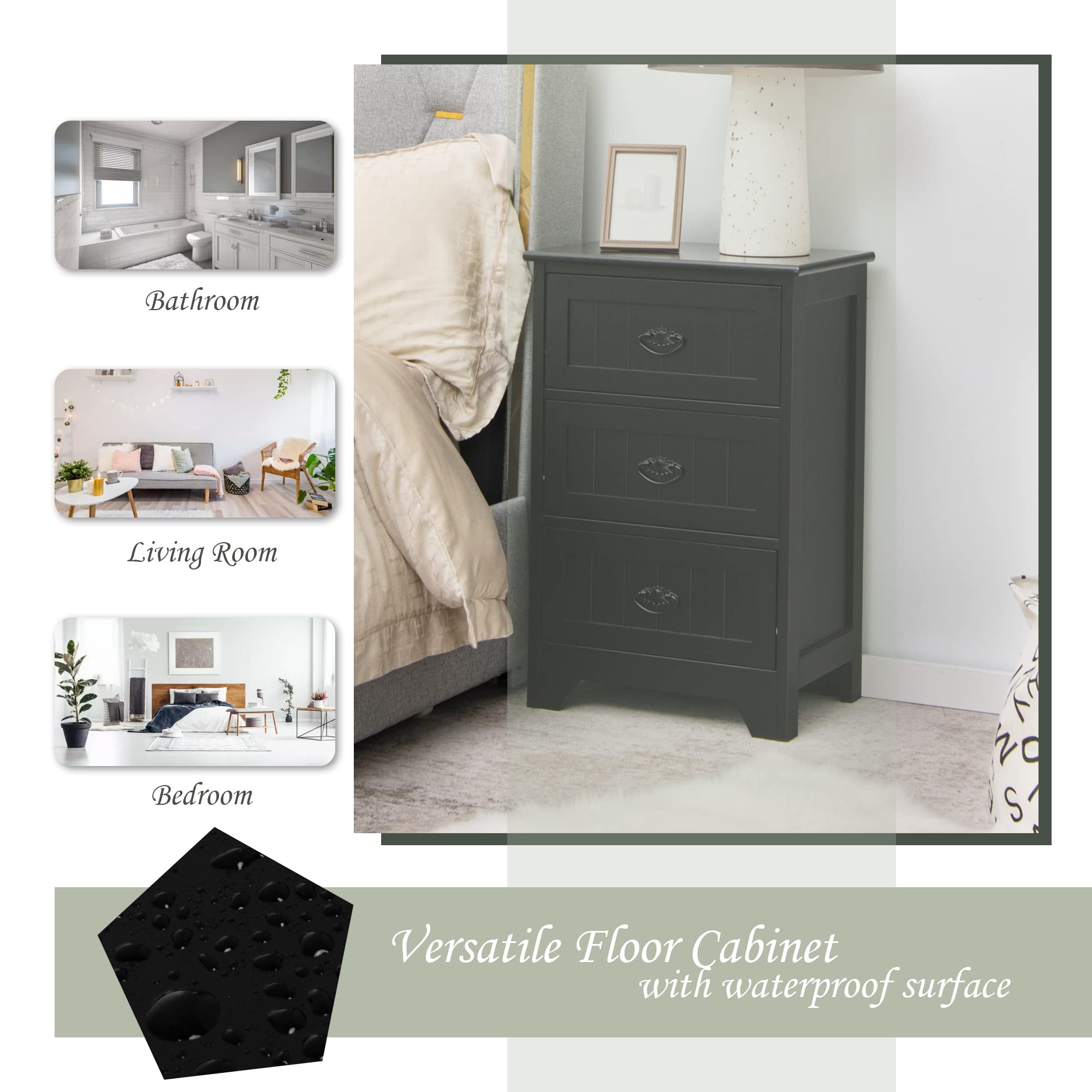 Modern Black Bathroom Storage Cabinet with 3 Drawers & Anti-Tip Strap - Perfect for Small Spaces & Home Organization