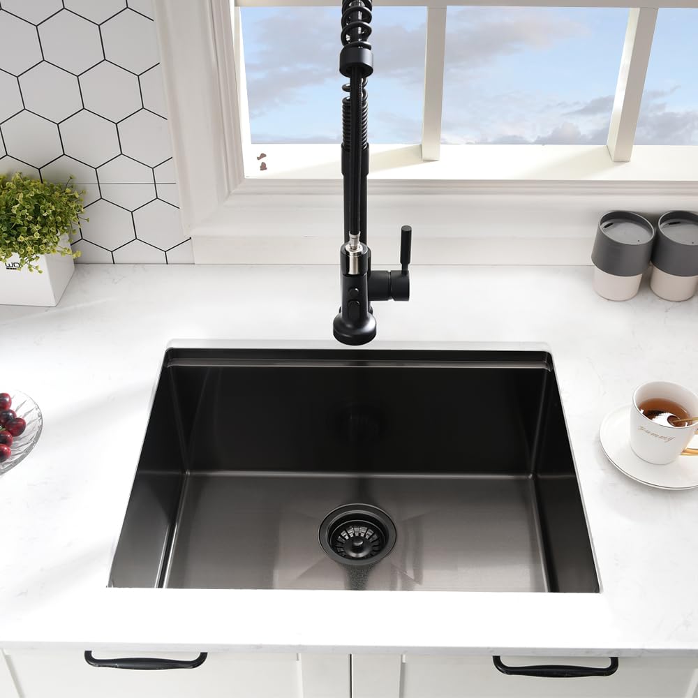 24 Inch Black Undermount Kitchen Sink - 16 Gauge Stainless Steel Workstation Sink with Deep Basin (24x19 Inch) - Perfect for Food Prep, Dishwashing & Bar Use