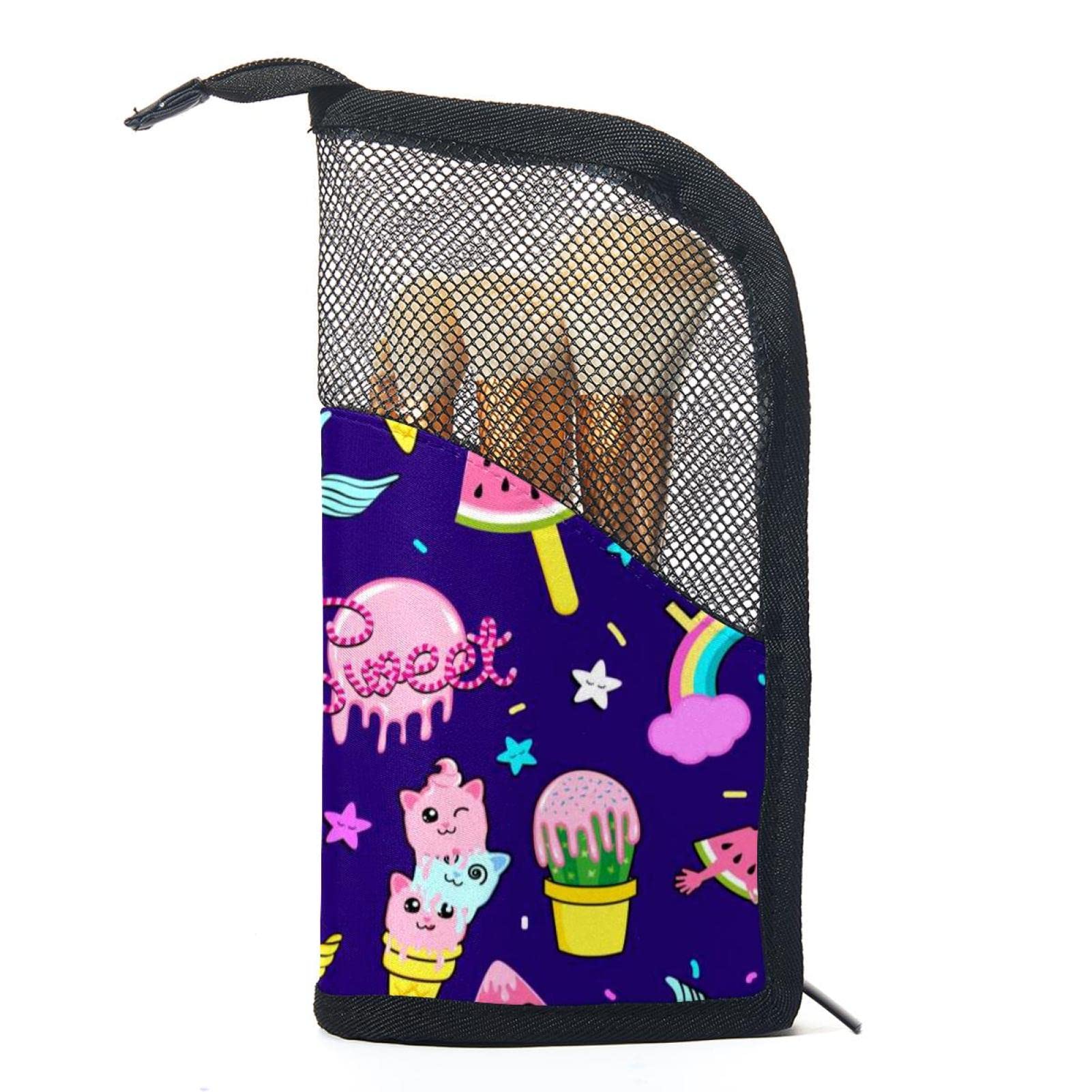 Portable Makeup Brush Organizer Bag with 12 Slots - Ice Cream Rainbow Watermelon Unicorn Design - Travel-Friendly Cosmetic Brush Holder Case for Home & Travel Makeup Storage