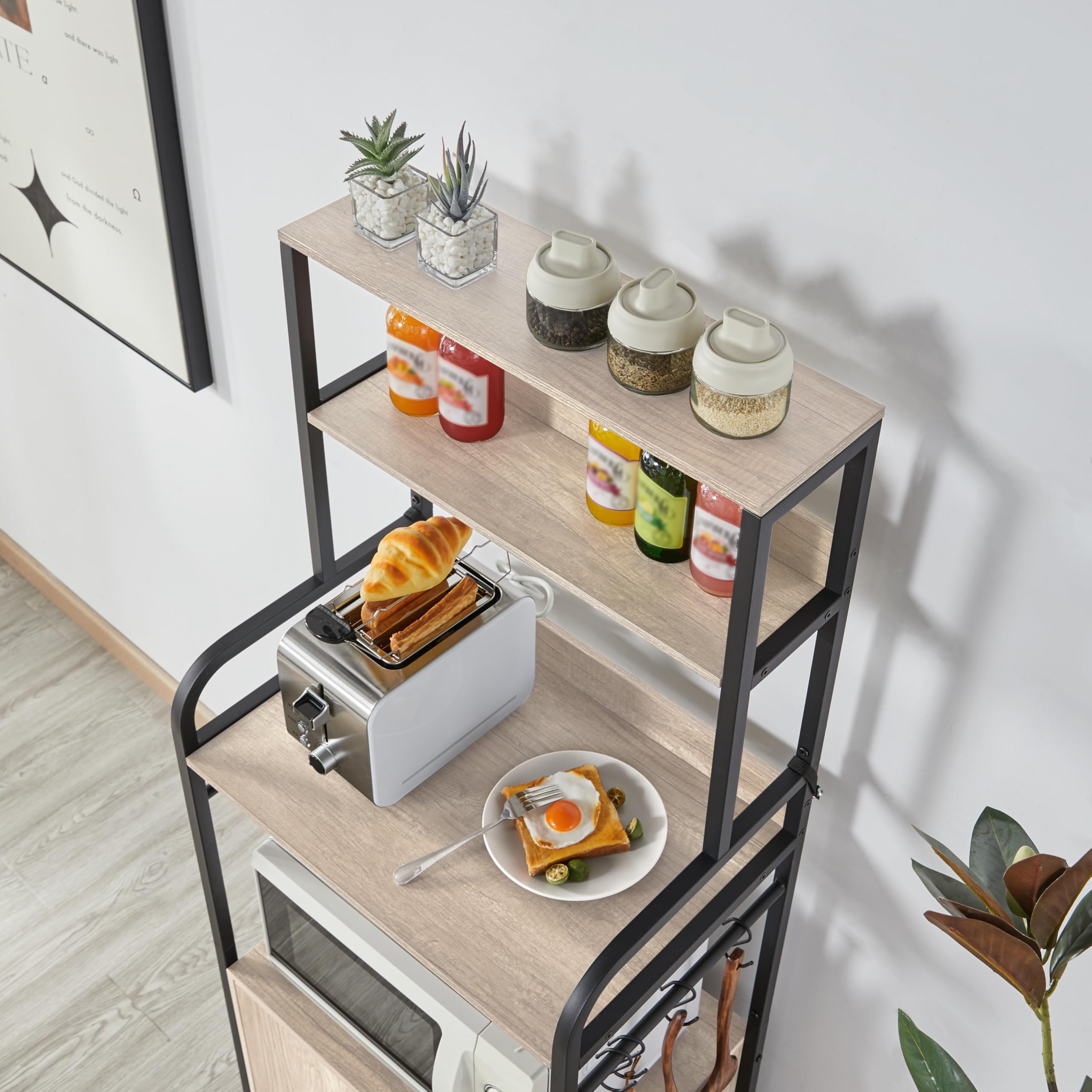 Yaheetech 4-Tier Kitchen Bakers Rack with Storage Cabinet & Hutch - Microwave Stand, Coffee Bar & Pantry Organizer with 8 S-Hooks - Freestanding Kitchen Shelves & Spice Rack in Gray - Perfect for Small Kitchens, Dining Rooms & Home Organization