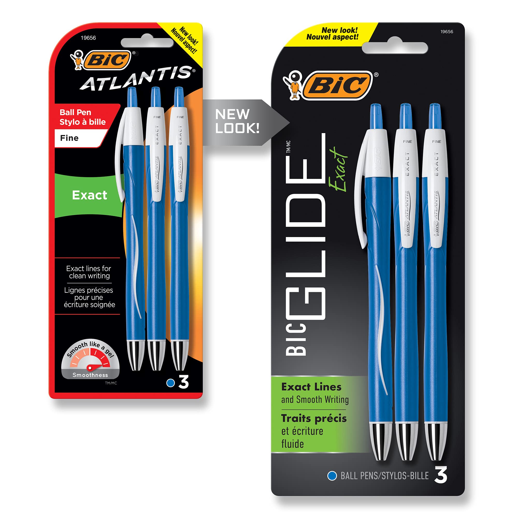 BIC Glide Exact Retractable Ballpoint Pens - Fine Point 0.7mm Blue Ink - Smooth Writing for Office, School & Note Taking - Pack of 3 Pens