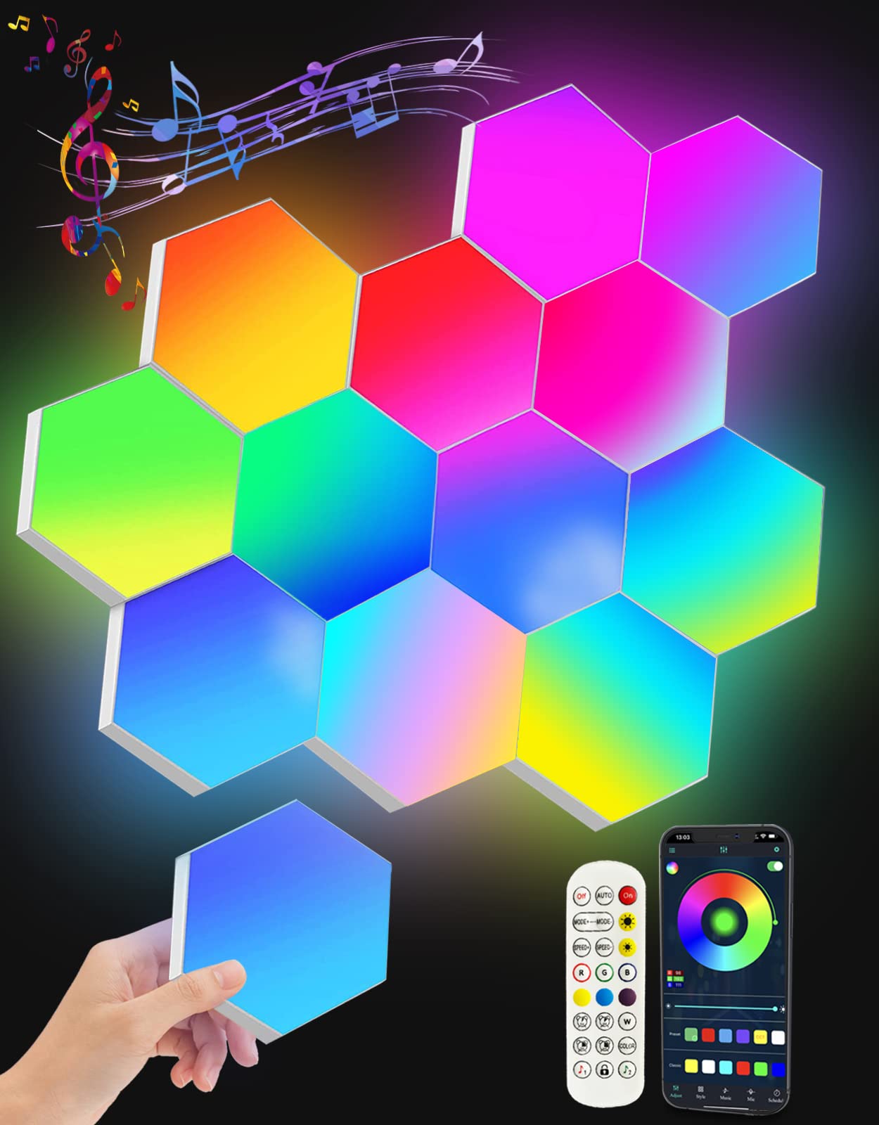 RGBIC Hexagon LED Light Panels - Gaming Lights with Music Sync & App Control, Cool Wall Decor for DIY Creative Modular Lighting - Perfect for Party, Living Room, Bedroom (10 Panels) - Enhance Gaming Atmosphere & Home Decor