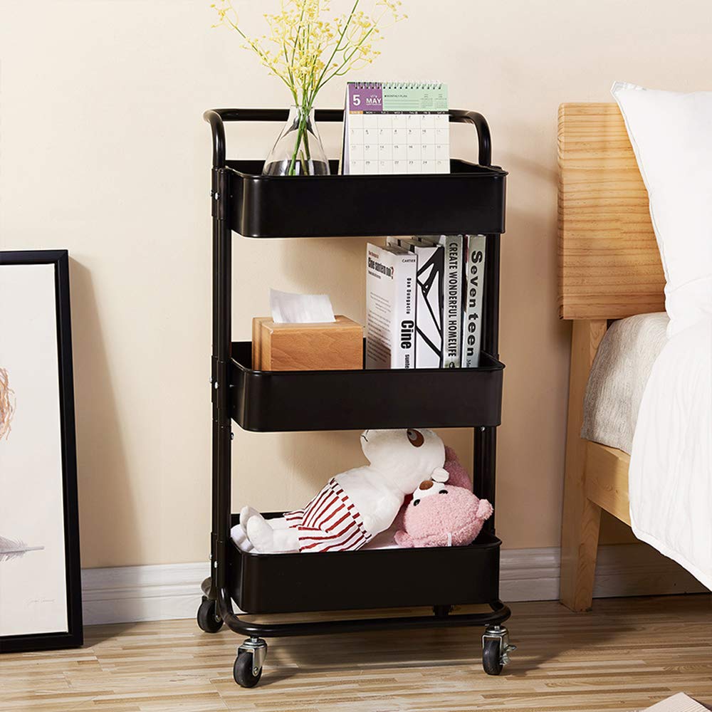 3-Tier Rolling Utility Cart with Wheels - Heavy Duty Storage Shelves Organizer for Kitchen, Office, Bathroom & Bedroom - Mobile Service Cart with Handles - Perfect for Home Organization, Restaurant Use & Retail Display (Black)