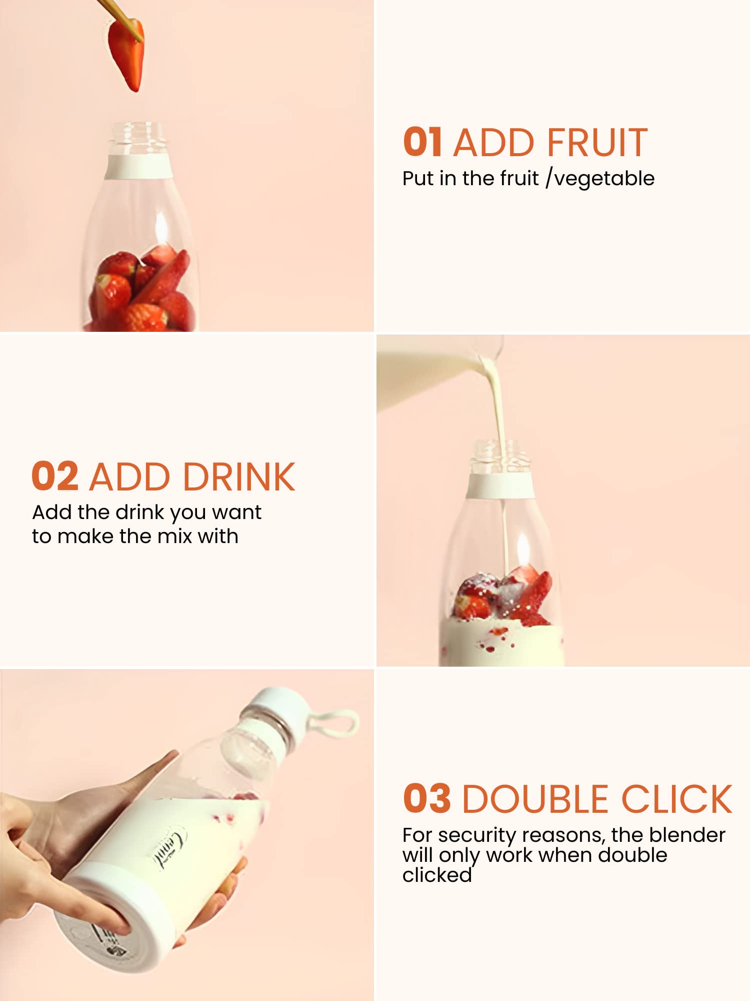 Portable USB Blender 300ml - Mini Personal Blender for Smoothies, Shakes, Juices - 304 Stainless Steel Blade & Food-Grade PP Material - Perfect for Travel, Gym, Office & Home Use (USB Cable Included)