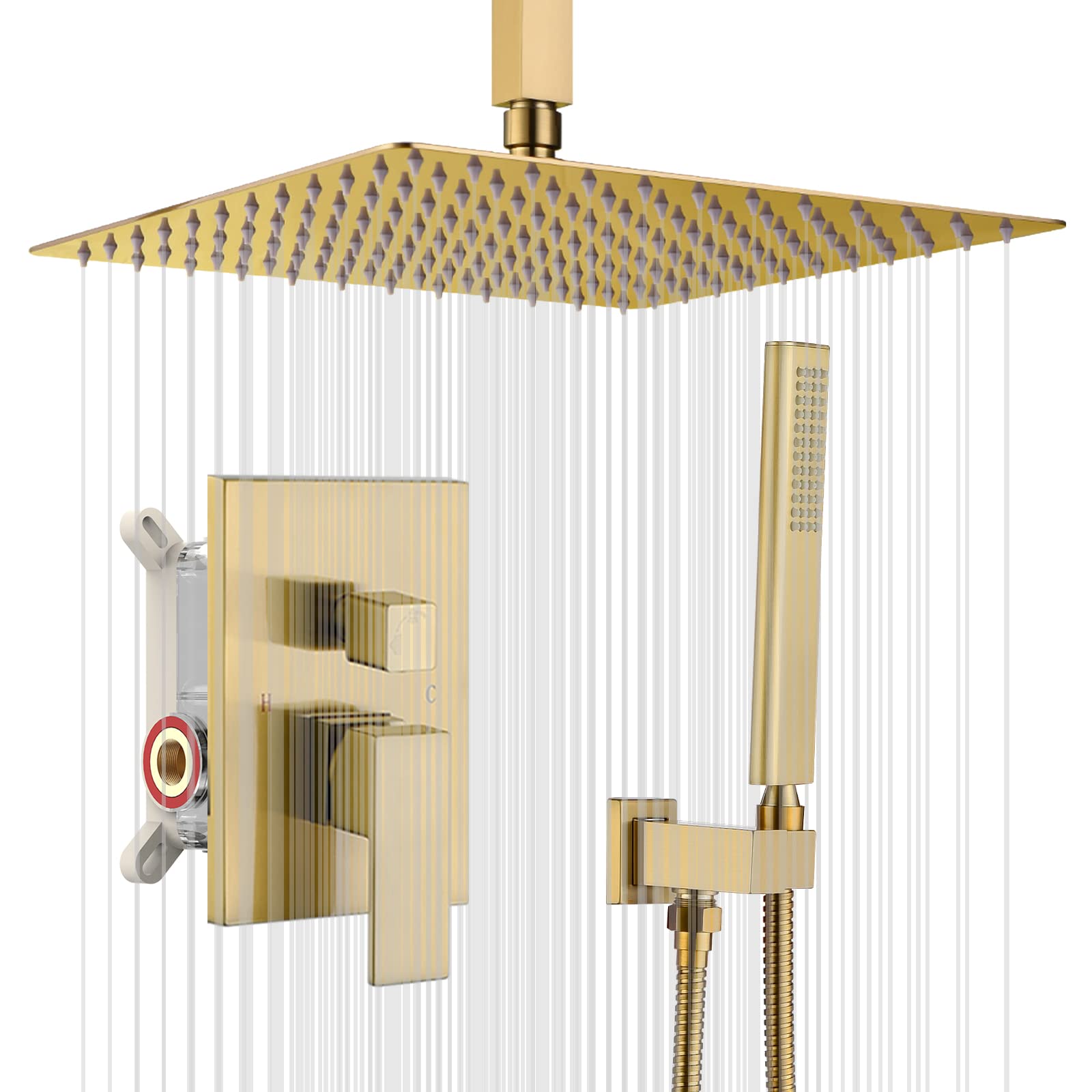 Premium Iriber Champagne Bronze Ceiling Mount Rain Shower System - 12 Inch Rainfall Shower Head & Handheld Spray - Brushed Gold Bathroom Shower Set with Mixer Valve & Trim Kit - Perfect for Luxury Spa-Like Shower Experience in Master Bathrooms