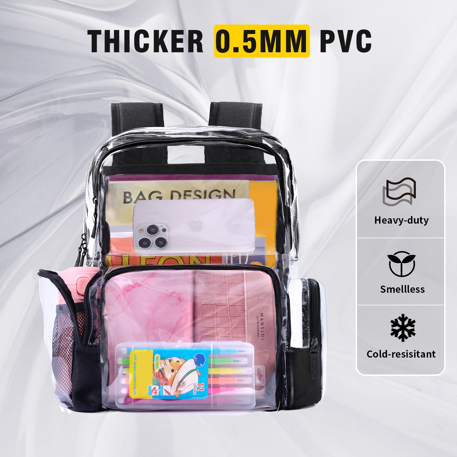 Vorspack Heavy Duty Clear Backpack - Extra Large Transparent School Backpack with Reinforced Bottom for College, Workplace & Security Checkpoints | Durable See-Through Bag for Travel, Concerts & Stadium Events (Black)