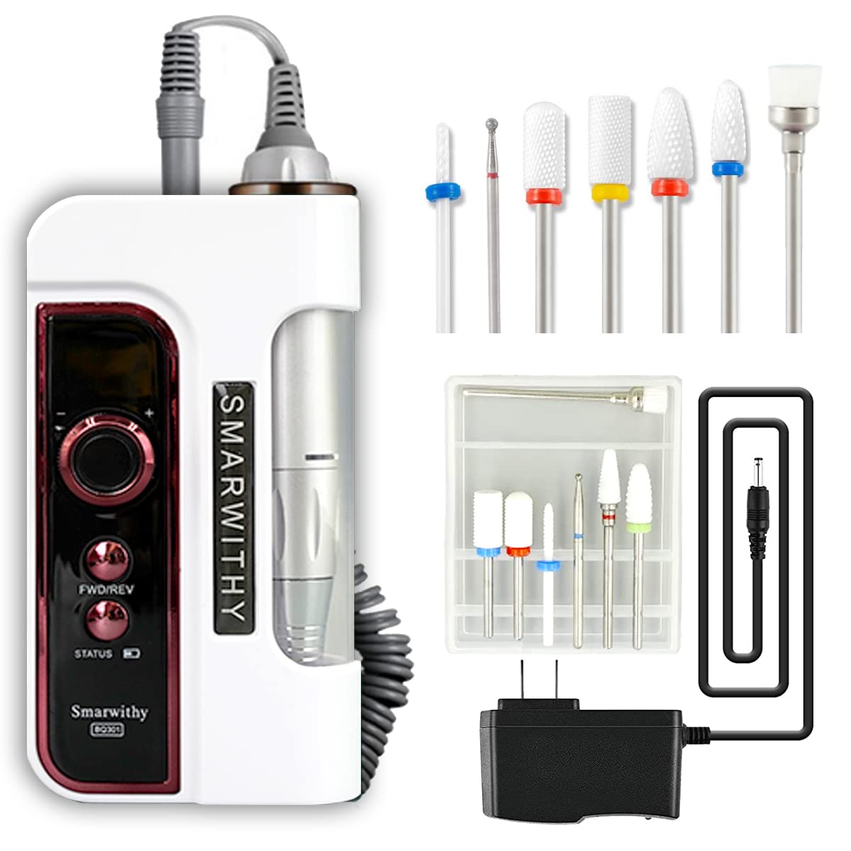 Smarwithy Professional Portable Nail Drill Kit for Home & Salon Use - Electric Nail File with 6 Bits & LED Light (White) - Perfect for Manicures, Pedicures & Nail Art
