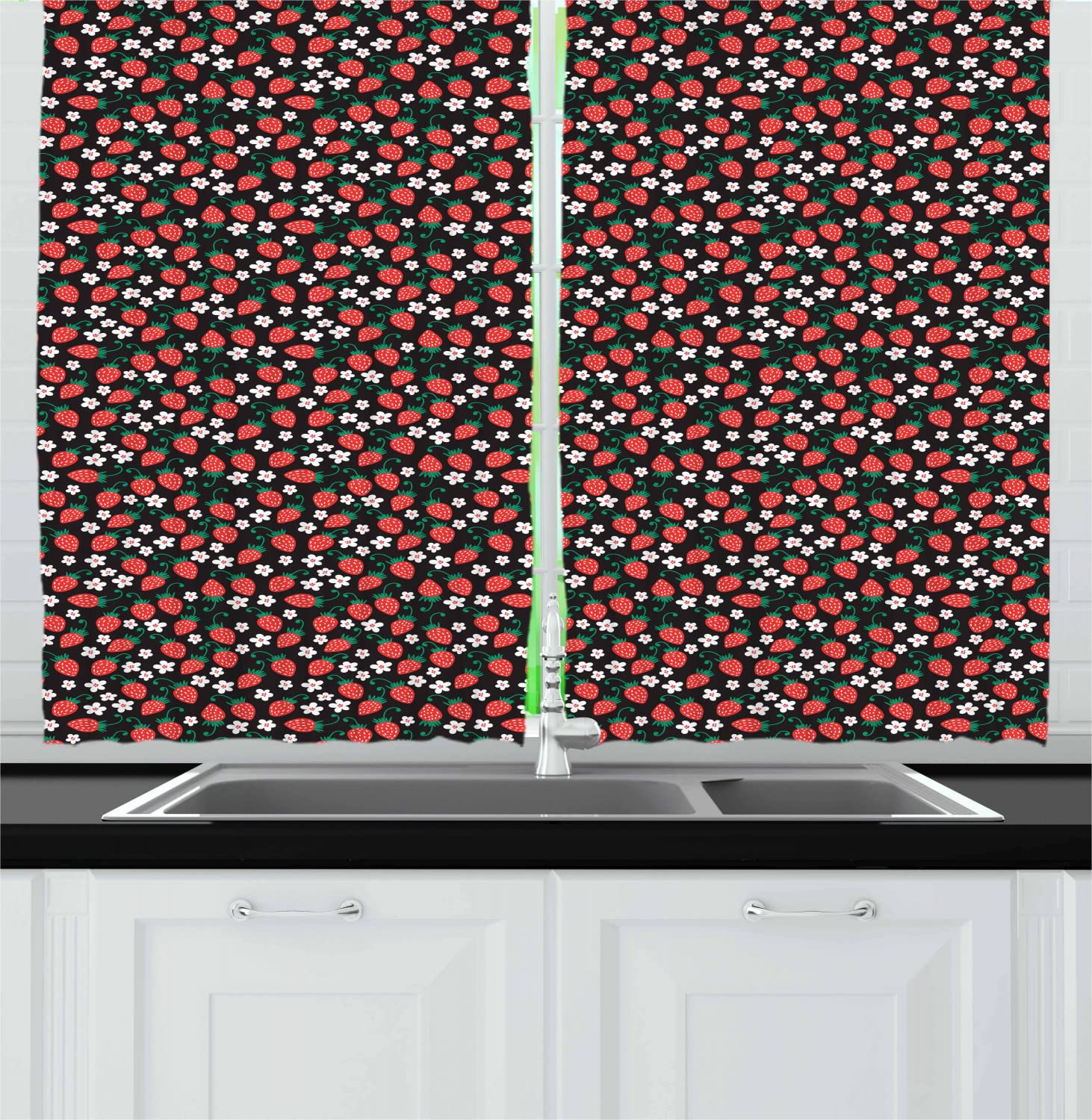 Ambesonne Strawberry Print Kitchen Curtains - 55