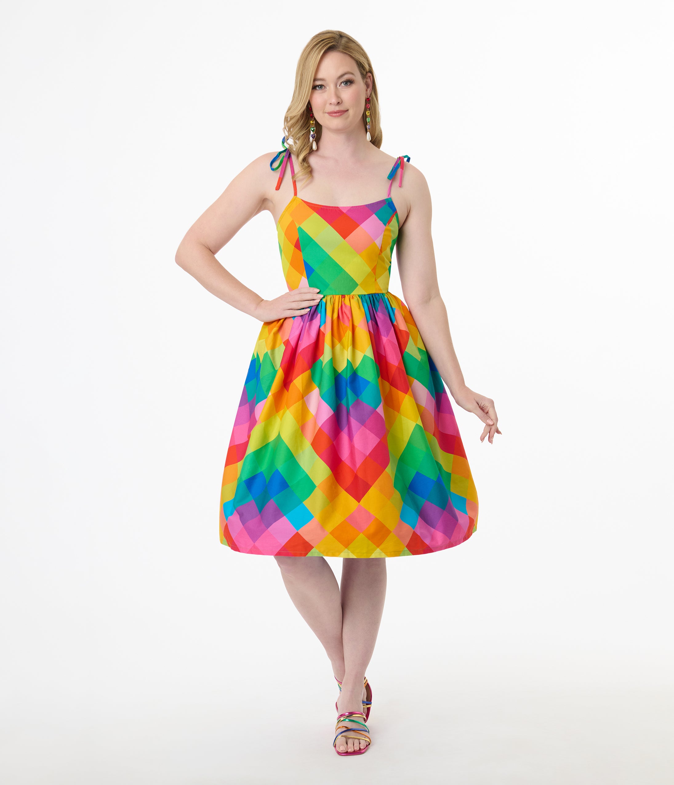 Vintage 1950s Rainbow Chevron Cotton Swing Dress - Retro 50s Style Bobbie Dress for Women | Perfect for Swing Dancing, Cocktail Parties & Vintage Themed Events
