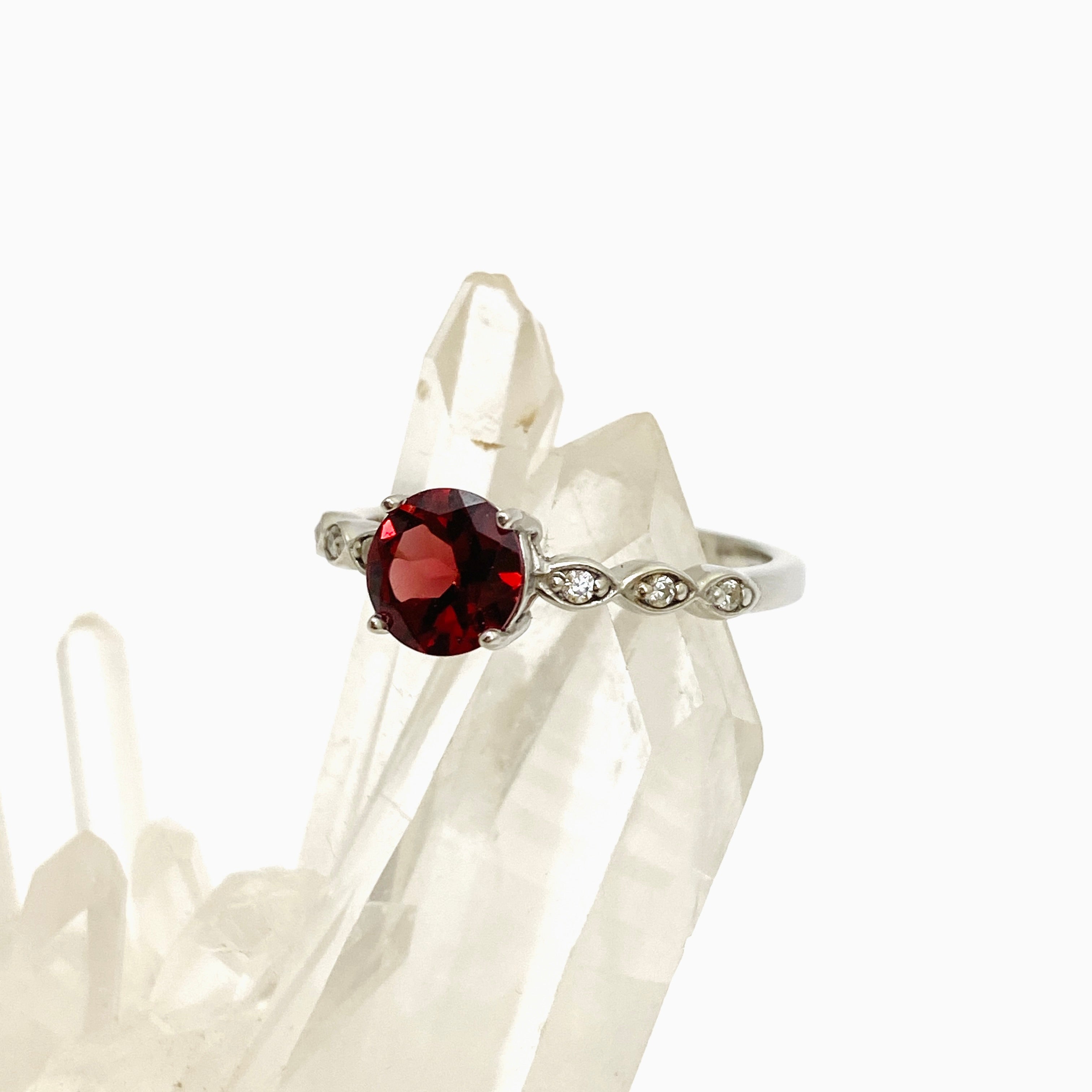 Garnet Round Faceted Ring with CZ Accents - Size 8.75 - HRGJ 63 - Elegant Jewelry for Women, Perfect for Valentine's Day, Anniversary & Special Occasions