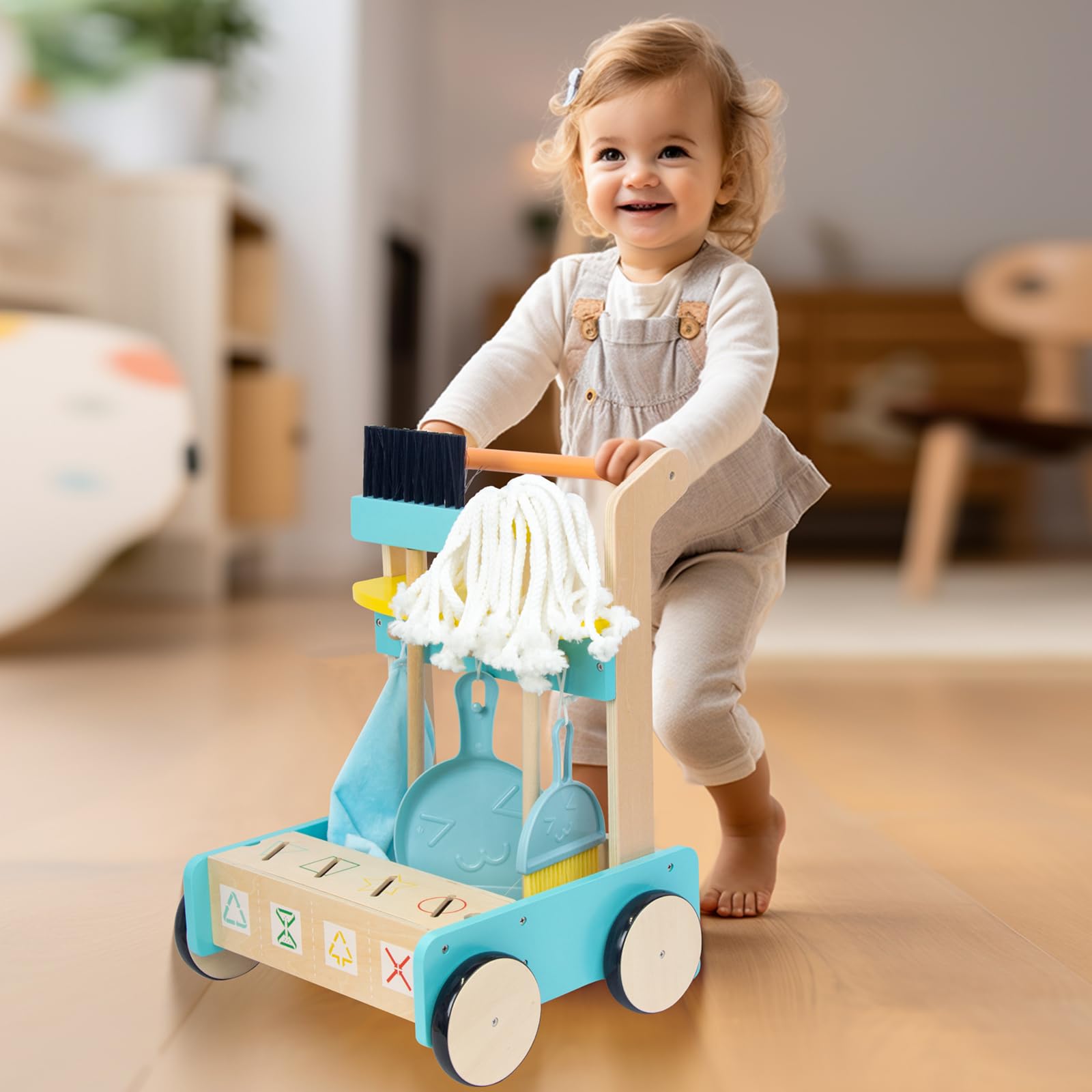**WOODENFUN Wooden Baby Push Walker for Toddlers 1 Year & Up - Learning Walking Toy for Boys & Girls 12+ Months - Kids Cleaning Cart Toy Set with Play Tools - Perfect Gift for Birthdays & Pretend Play**    *(Use Scenario: Encourages early walking, imaginative play, and motor skill development for toddlers.)*