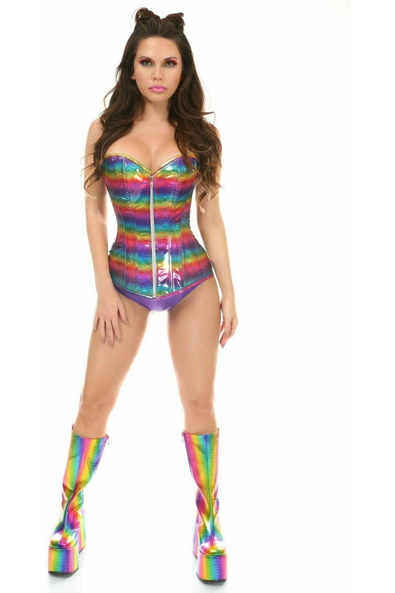 Rainbow Glitter Steel Boned Corset for Women - Daisy Corset for Waist Training, Burlesque, Cosplay & Special Occasions
