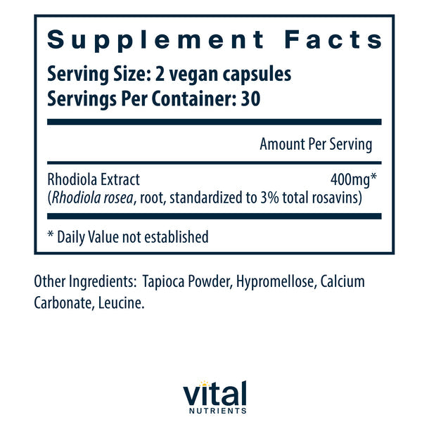 Vital Nutrients Rhodiola Rosea 3% Standardized Extract Supplement - 60 Vegan Capsules for Stress Relief, Energy & Focus - Natural Adaptogen for Workout Recovery & Mental Clarity