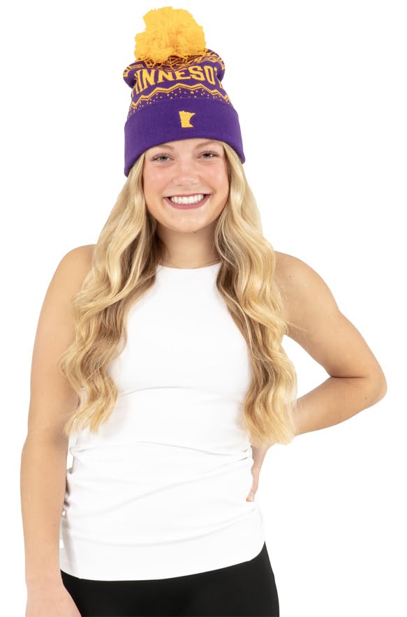 Minnesota Sports Themed Ribbed Knit Beanie Hat with Pom Pom for Men & Women - Warm Winter Hat for Football, Hockey & Outdoor Activities