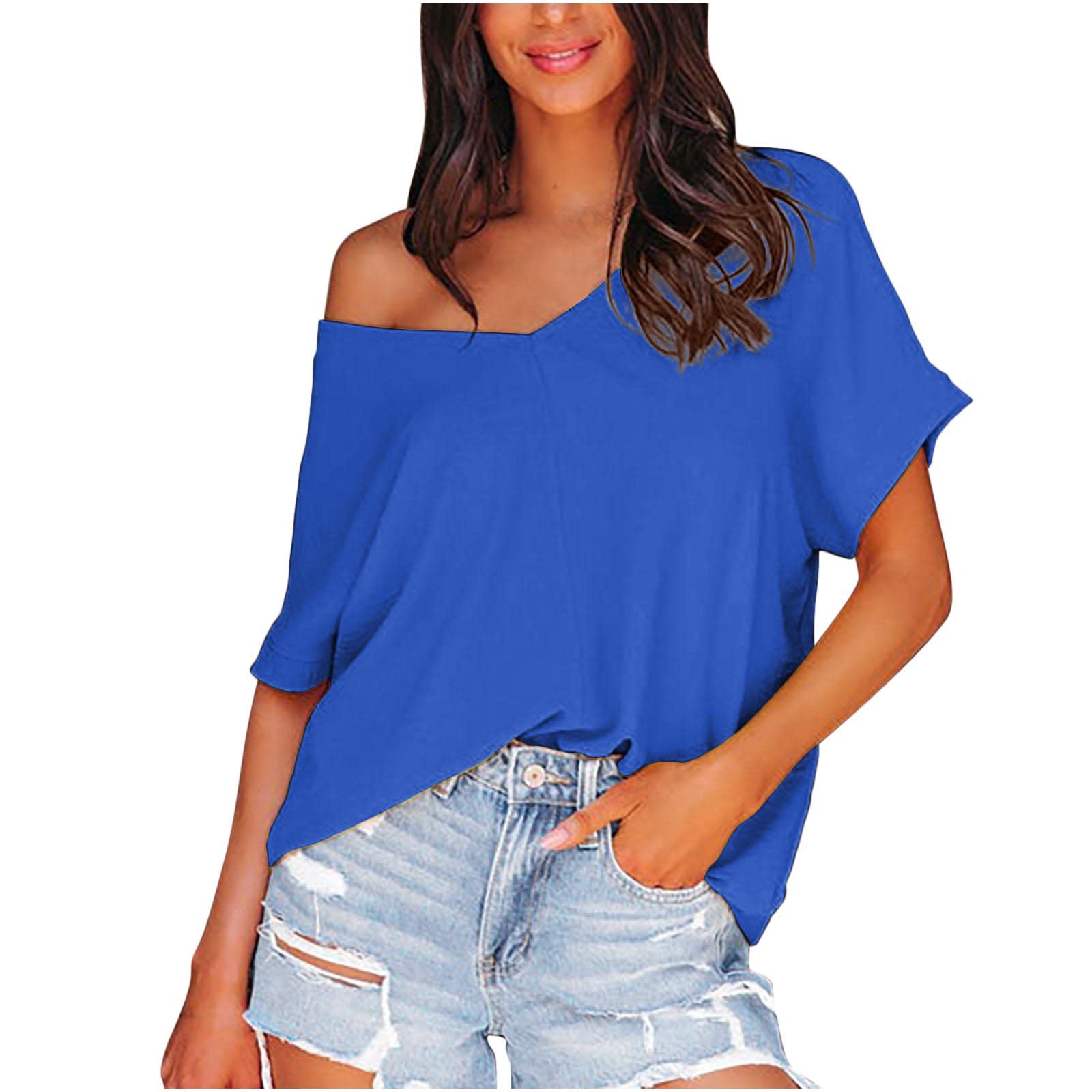 Women's Summer T-Shirts - Short Sleeve V-Neck Casual Blouse, Sexy Loose Fit Solid Color Tee Tops | Perfect for Beach Outings, Date Nights & Everyday Wear