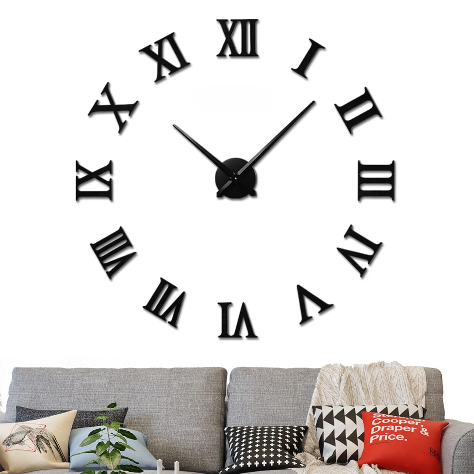VREAONE Large 3D DIY Wall Clock with Giant Roman Numerals - Frameless Mirror Design for Home Decor - Perfect for Living Room, Bedroom & Office Wall Decor (Black) | Modern Home Décor & Stylish Wall Accent