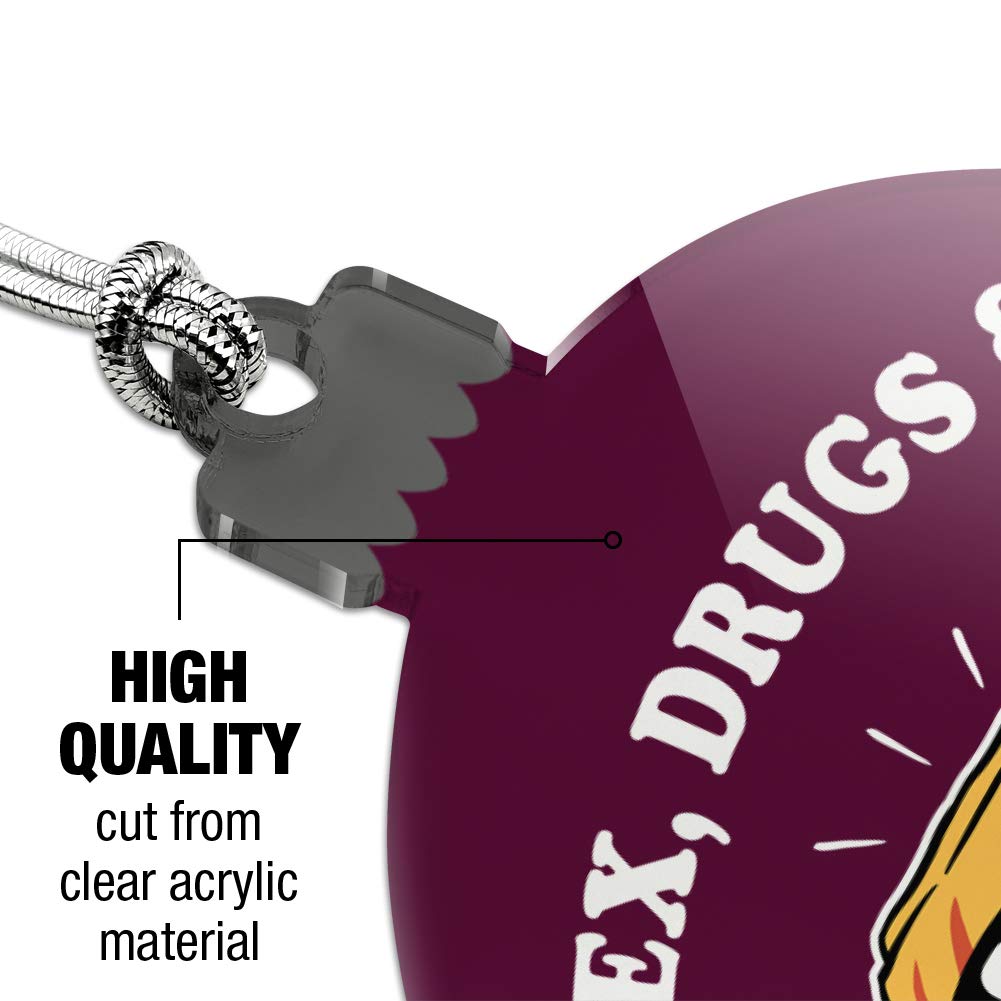 Funny Humor Acrylic Christmas Tree Ornament - Sex Drugs and Sausage Rolls Graphic Design - Perfect for Holiday Decorations & Gift Giving