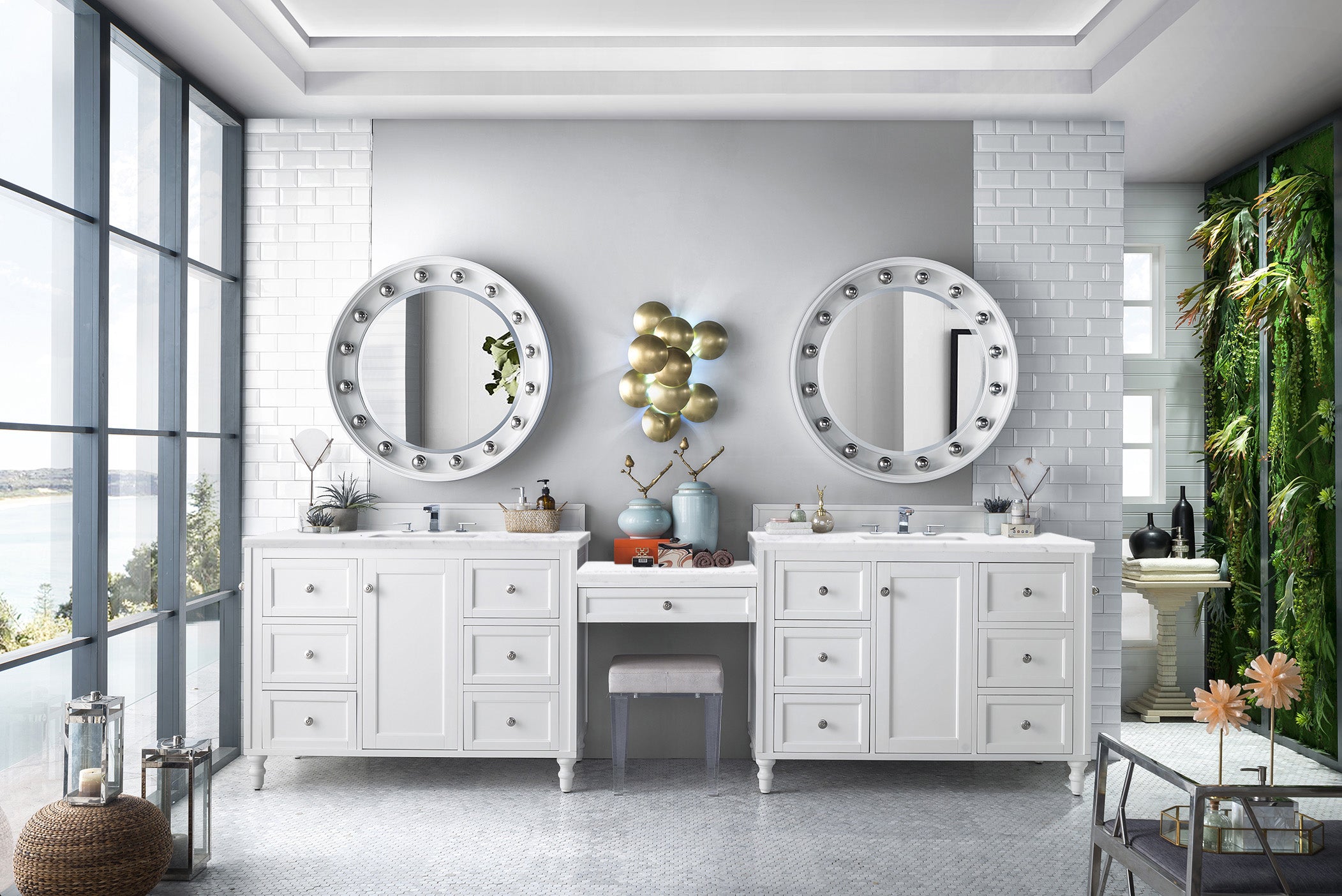 Copper Cove Encore 122 Double Vanity Set with Makeup Table - 72 Inch Bathroom Vanity with Solid Surface Top in Bright White & Arctic Fall - Perfect for Master Bathroom Renovation & Luxury Home Decor