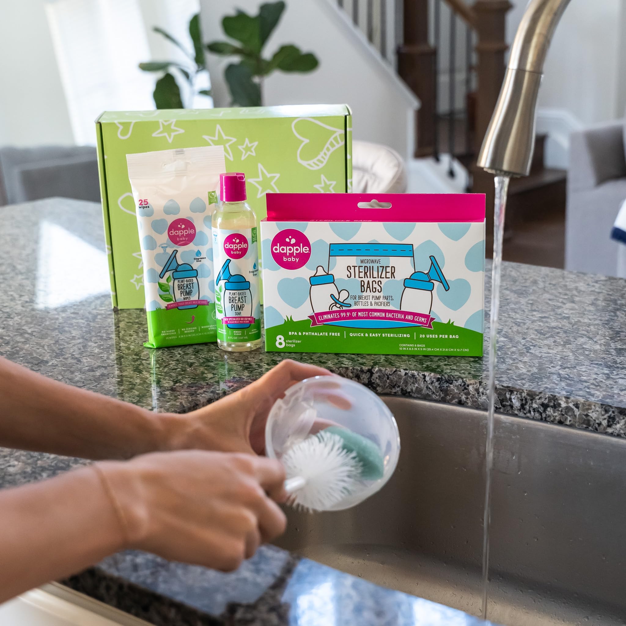Dapple Breast Pump Cleaning Kit - Hypoallergenic, Plant-Based Wipes & Soap for Milk Residue Removal - 25 Cleaning Wipes, 8oz Soap & 8 Sterilizer Bags - Safe for Nursing Moms & Babies - Perfect for On-the-Go Pumping at Work or Travel