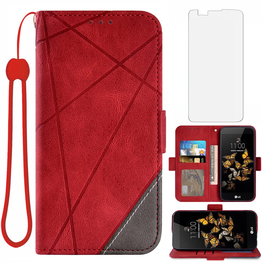 ASUWISH Wallet Case with Card Holder & Screen Protector for LG Phoenix 2/K7/Tribute 5/Escape 3/Treasure LTE/K8 2016 (K371/K330) - Flip Cover with Stand Function for Women & Men (Red) - Perfect for Daily Use, Travel, and Hands-Free Viewing