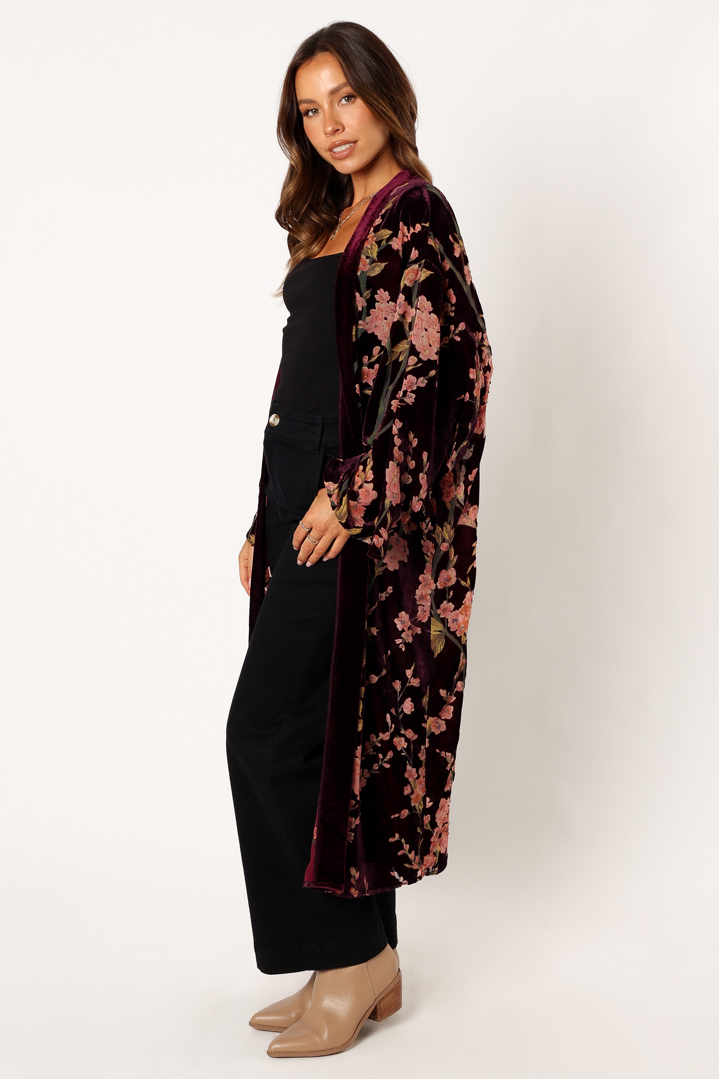 Lennon Velvet Duster Coat - Floral Print Long Cardigan for Women | Elegant Loungewear & Spring Outerwear