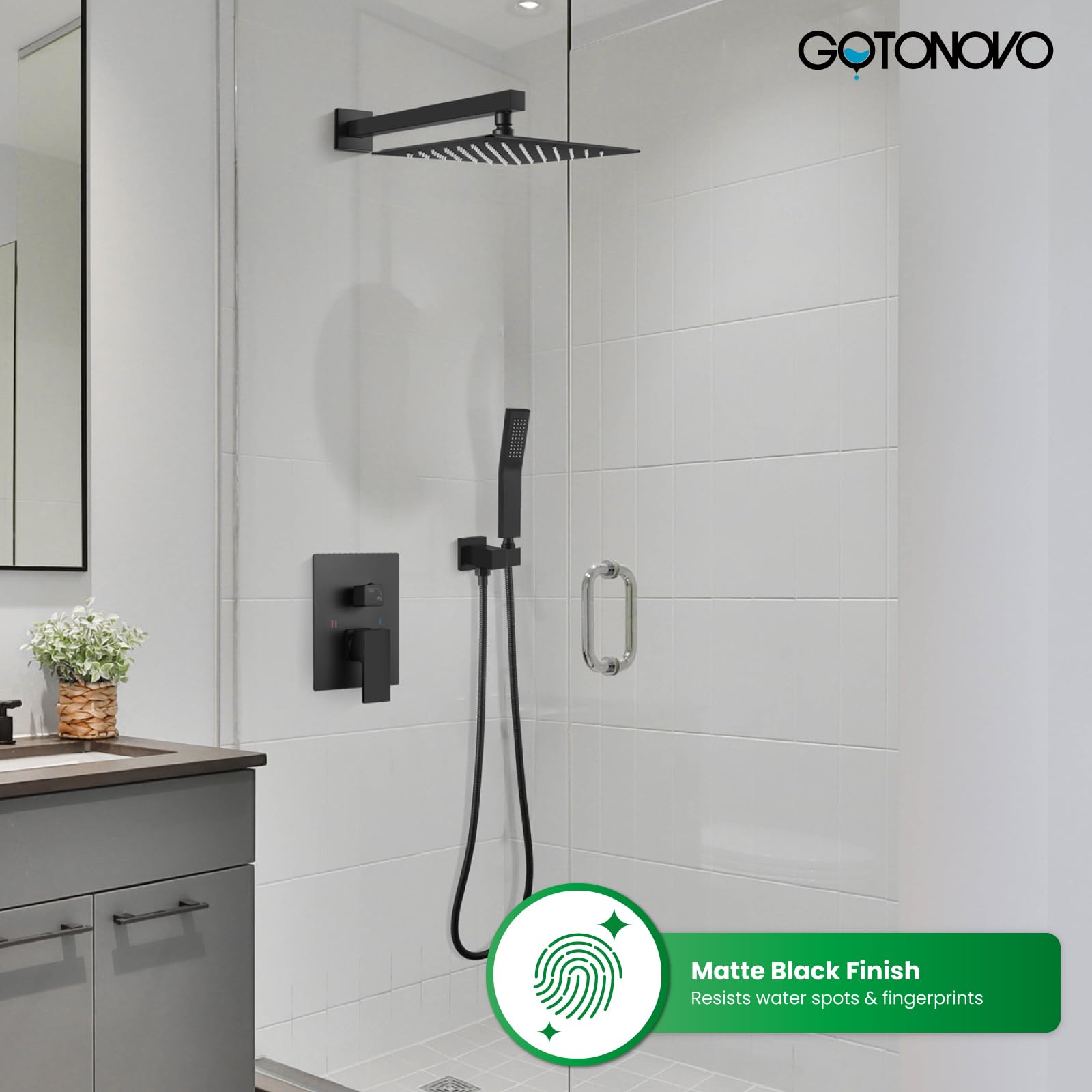 Gotonovo 10 Inch Matte Black Rainfall Shower System - Wall Mounted Shower Head and Handle Combo with Solid Brass Pressure Balancing Mixer Valve | Perfect for Modern Bathroom Renovation & Spa-Like Shower Experience