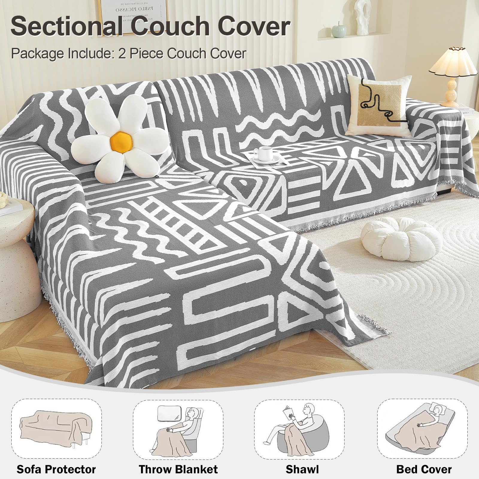 OstepDecor Boho Sectional Couch Covers 2 Pieces - L Shaped Sofa Slipcover for 2-3 Cushion Couch, Washable Chenille Pet-Friendly Sofa Cover in Dark Grey (71