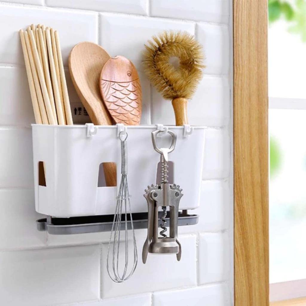 Wall Mounted Kitchen Utensil Organizer with Drip Tray - Cutlery Drainer Rack for Spoons, Forks, Chopsticks - Space Saving Cabinet Storage Solution (Gray) - Perfect for Small Kitchens & Organized Cooking Spaces