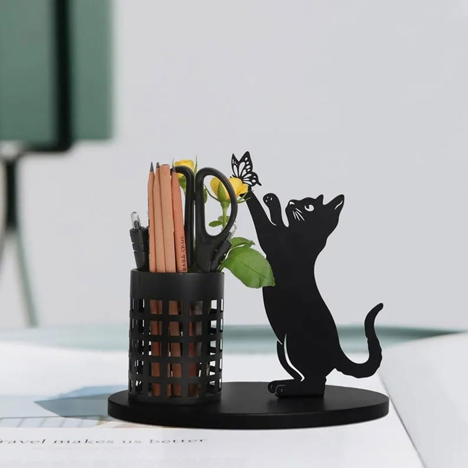 Metal Cat Pen Cup - Makeup Brush Holder for Desk & Stationery Organizer - Home & Office Decor