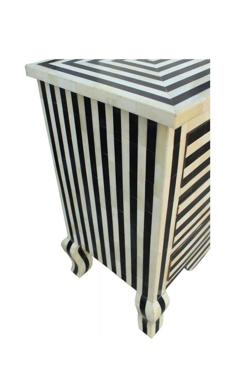 Handmade Bone Inlay Zebra Design Nightstand - Black Wooden Bedside Table for Modern Bedroom Decor | Stylish End Table with Storage for Small Spaces