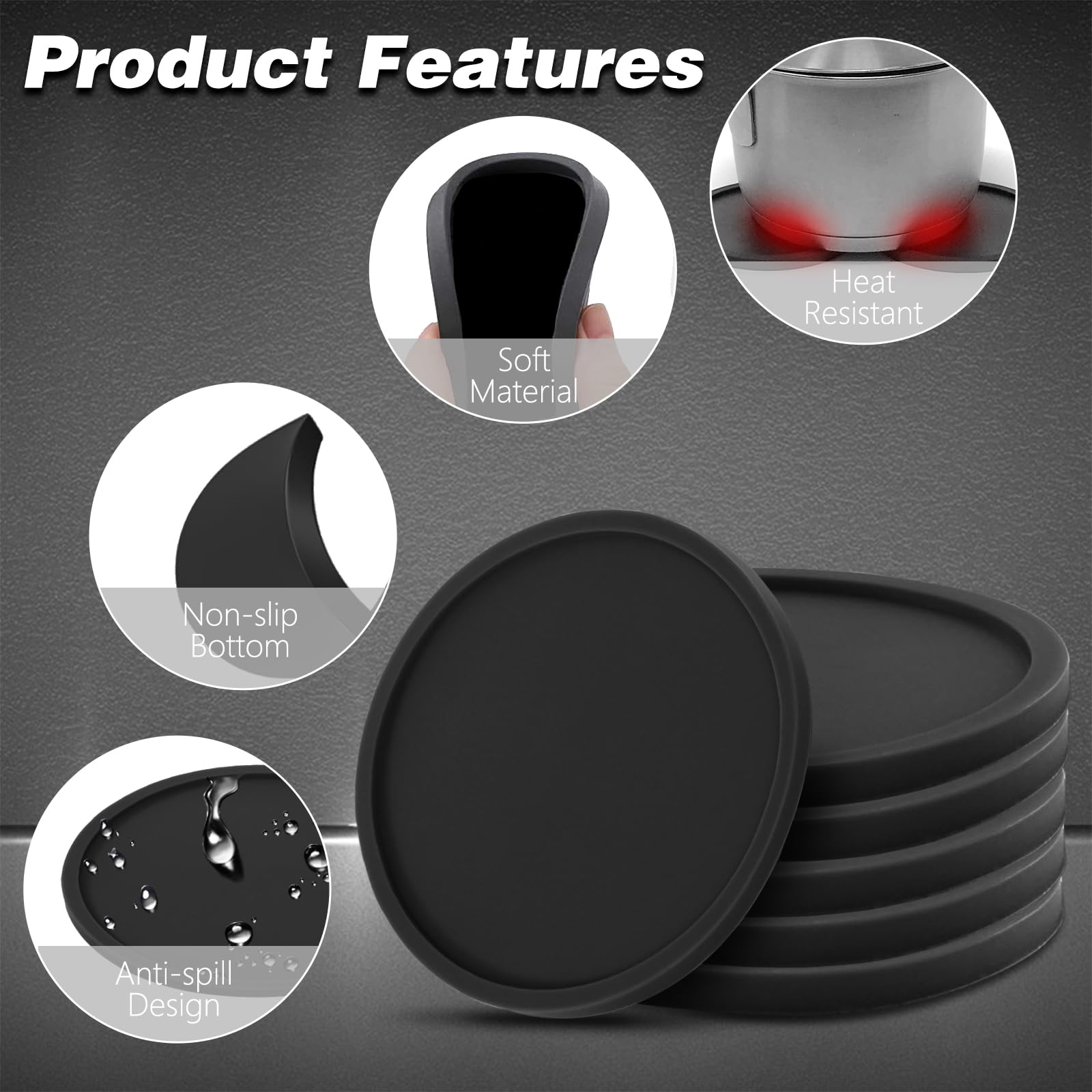 6 Pack Silicone Coasters Set - 4 Inch Non-Slip Heat Resistant Drink Coasters for Hot & Cold Beverages - Perfect for Coffee, Tea, Wine & Beer - Ideal for Home, Office & Restaurant Use