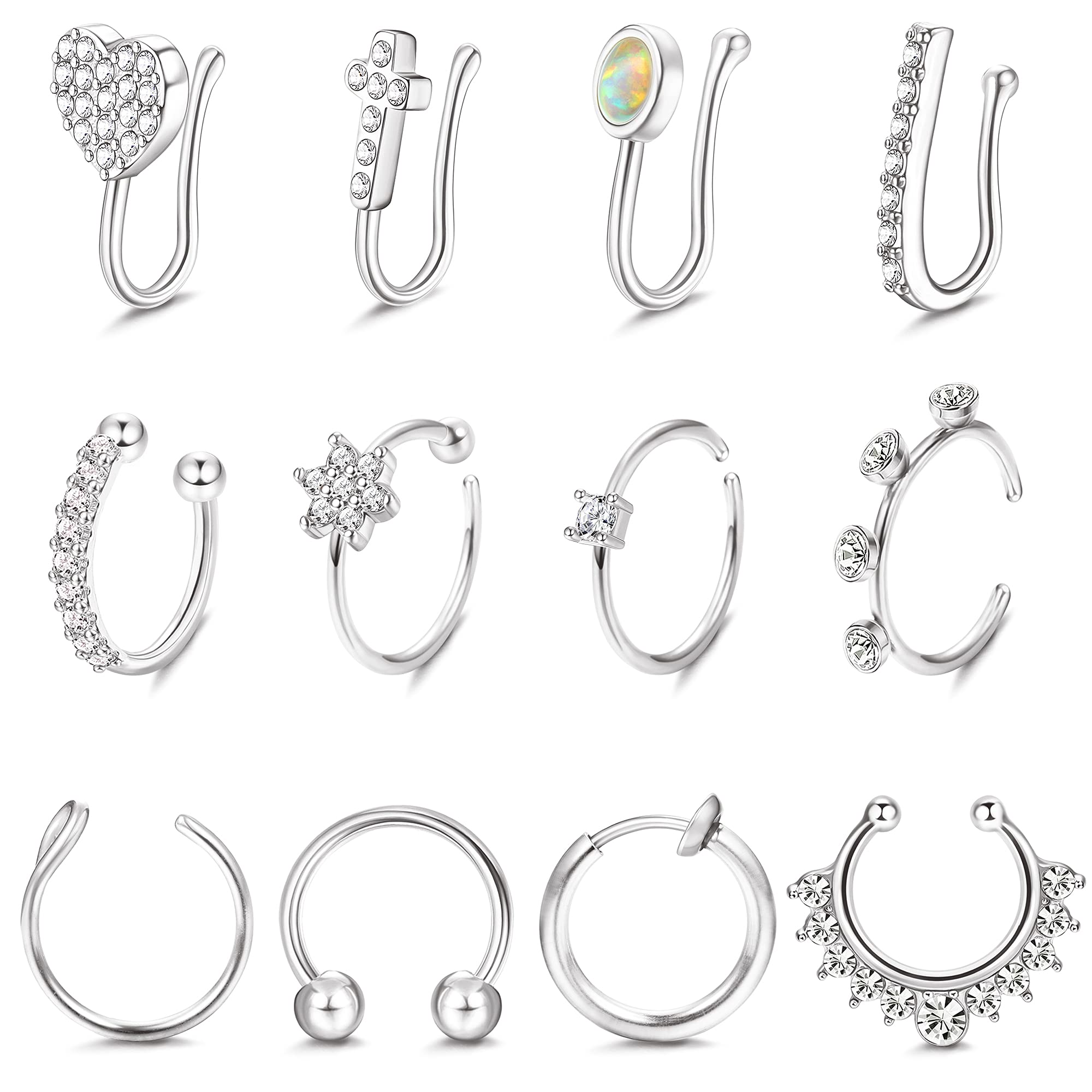 Fake Nose Ring Hoop Stud - 12PCS Stainless Steel Clip On for Women & Men | No Piercing Needed for Parties & Cosplay