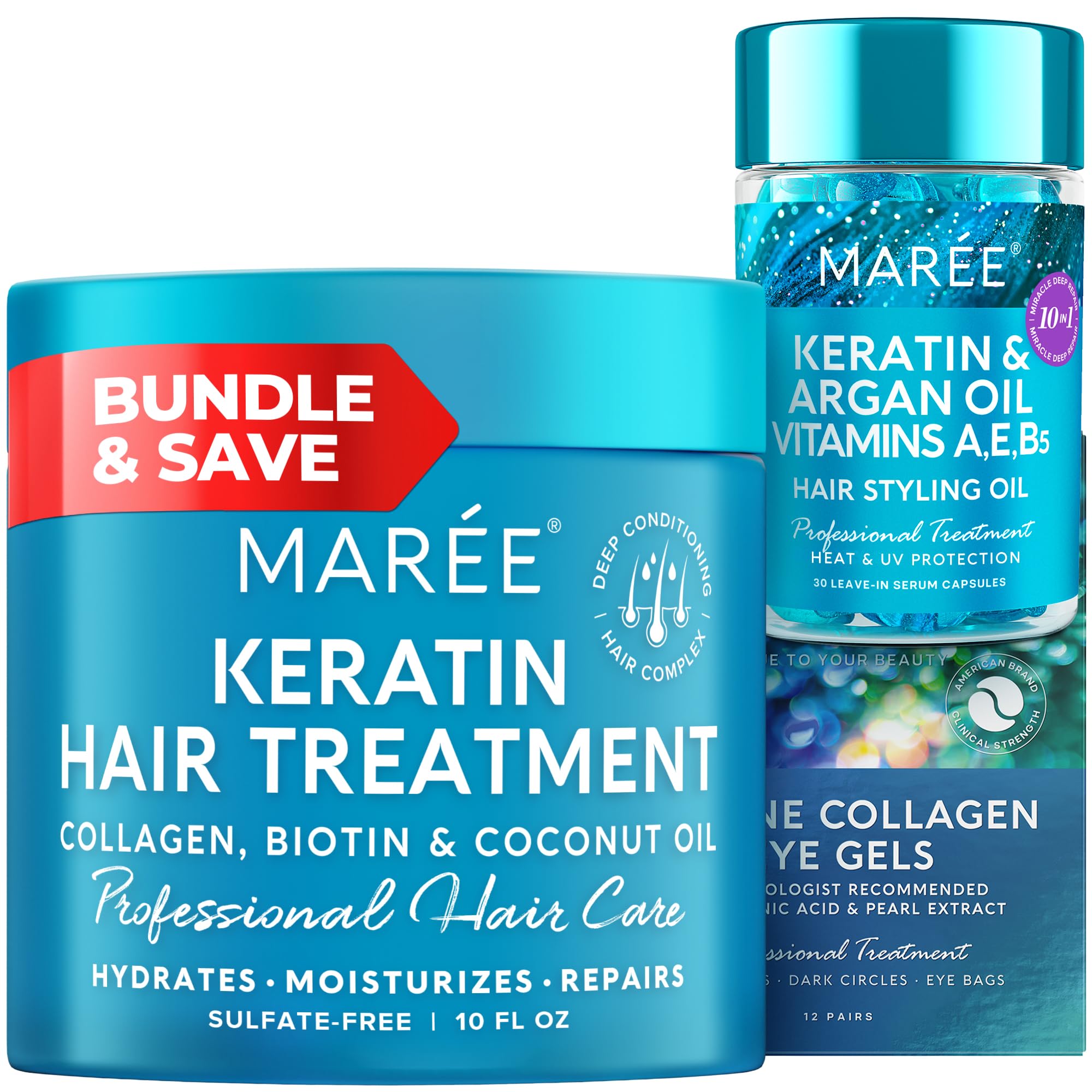 MAREE Hair Care Bundle - Deep Conditioning Hair Mask & Styling Serum with Coconut Oil, Keratin, Marine Collagen & Hyaluronic Acid - Anti-Frizz, Anti-Aging Treatment - Under Eye Gels for Hydration - Perfect for Dry, Damaged Hair & Nighttime Skincare Routine