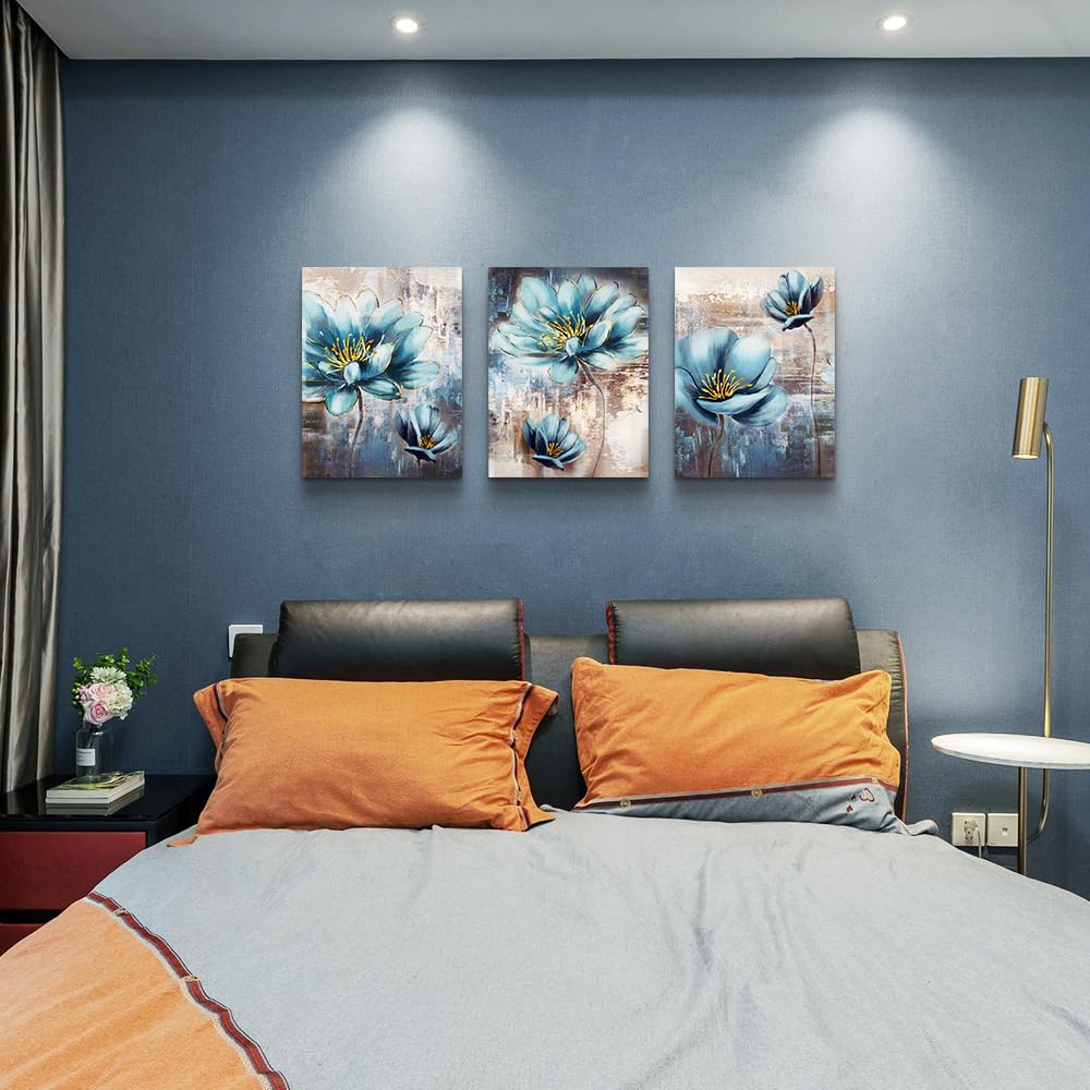 Lapremoly Abstract Blue Flowers Canvas Wall Art Set - 12x16 Inch 3-Piece Modern Wall Decor for Living Room, Bedroom, Office & Kitchen | Perfect for Home Decor, Housewarming Gifts & Interior Design