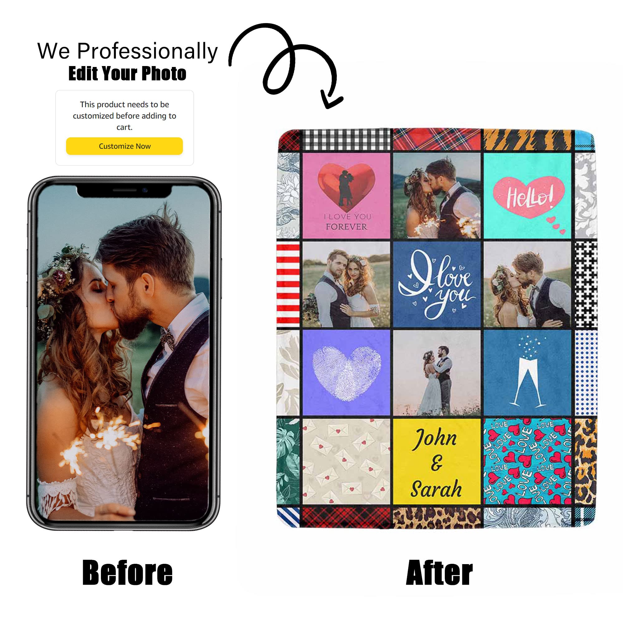 **Personalized Photo Blanket for Couples - Custom Fleece Throw Blanket with Collage - 30