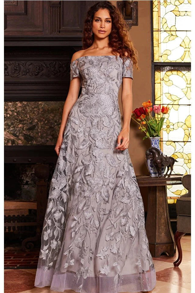 Jovani 09810 Grey Short Sleeve A-Line Evening Gown for Women - Elegant Formal Dress for Prom, Cocktail Party & Special Occasions