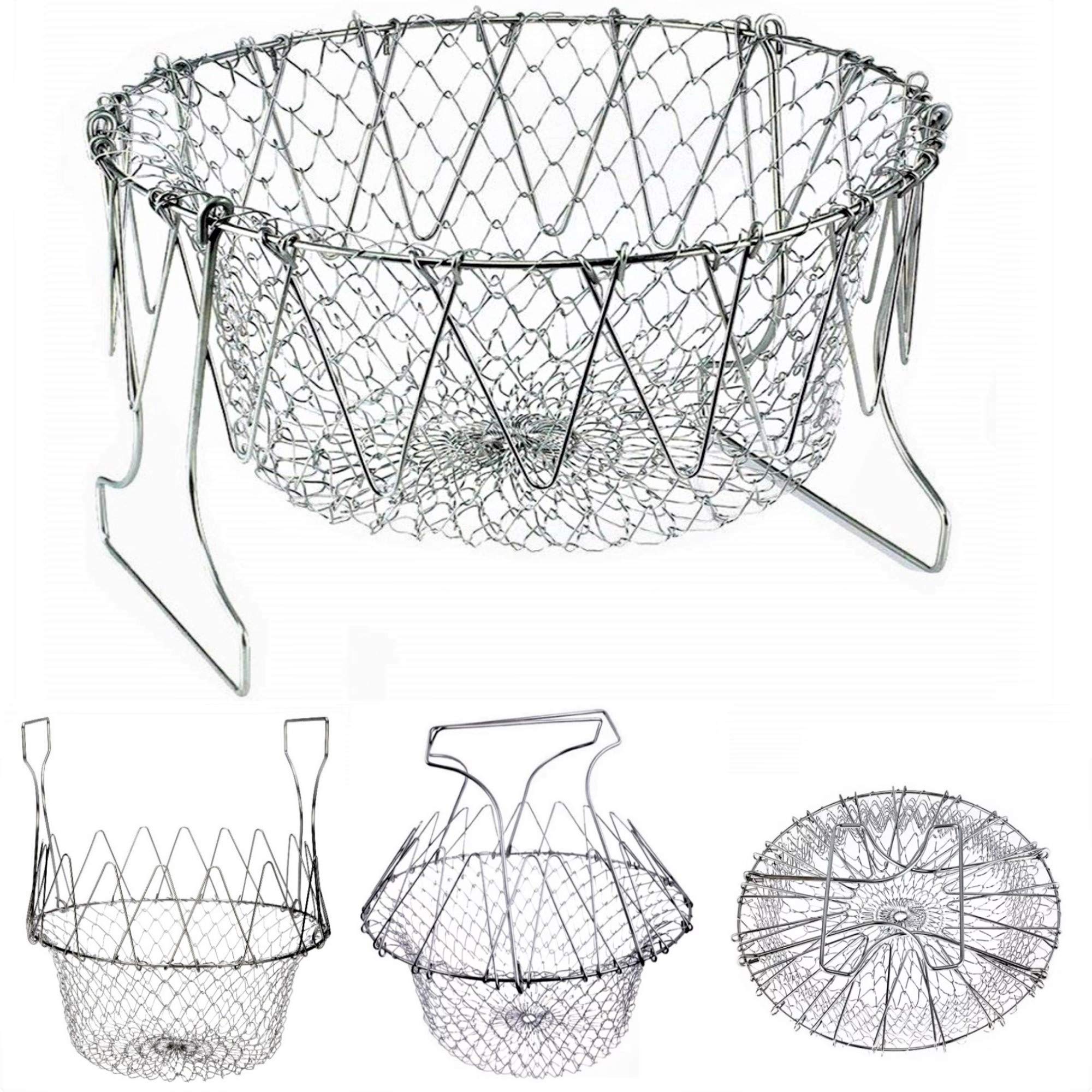 Foldable Stainless Steel Colander - Multi-Purpose Kitchen Strainer for Pasta, Vegetables & Fruits - Durable Over-the-Sink Basket with Handle - Perfect for Cooking, Washing Produce & Deep Frying - Ideal for Small Kitchens & Camping Use