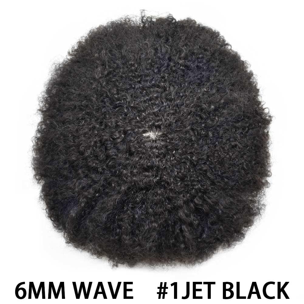 Brazilian Virgin Human Hair Afro Toupee for Black Men - Curly 8x10 Full PU Hair System - 1# Jet Black 6mm Afro Wave - Perfect for Daily Wear, Cosplay & Special Events