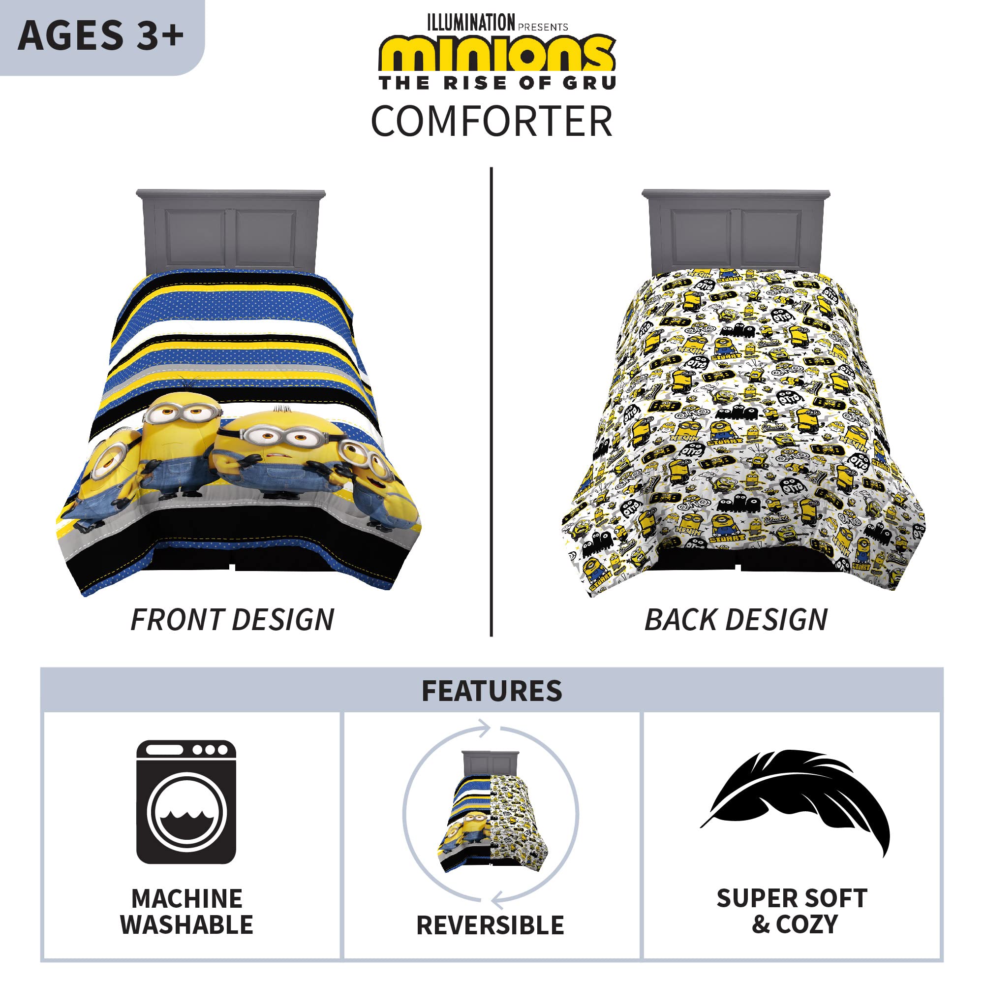 Franco Kids Bedding Super Soft Microfiber Reversible Comforter Set - Twin/Full Size - Minions The Rise of Gru Design - Perfect for Kids' Bedrooms, Sleepovers & Cozy Movie Nights